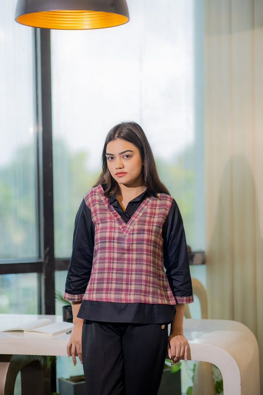 maroon check print shirt style top with quarter sleeves- esseneur.
