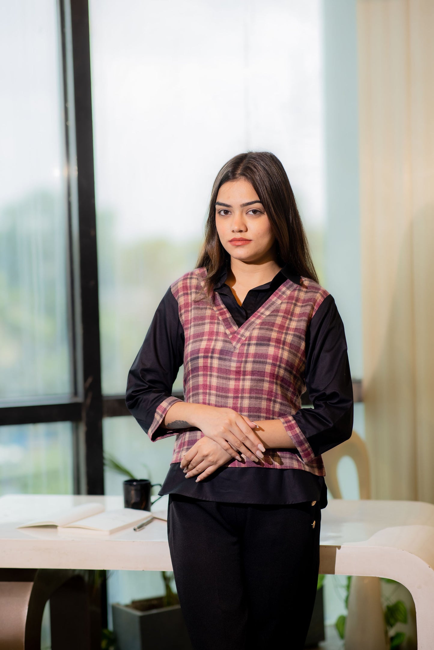 maroon check print shirt style top with quarter sleeves- esseneur.