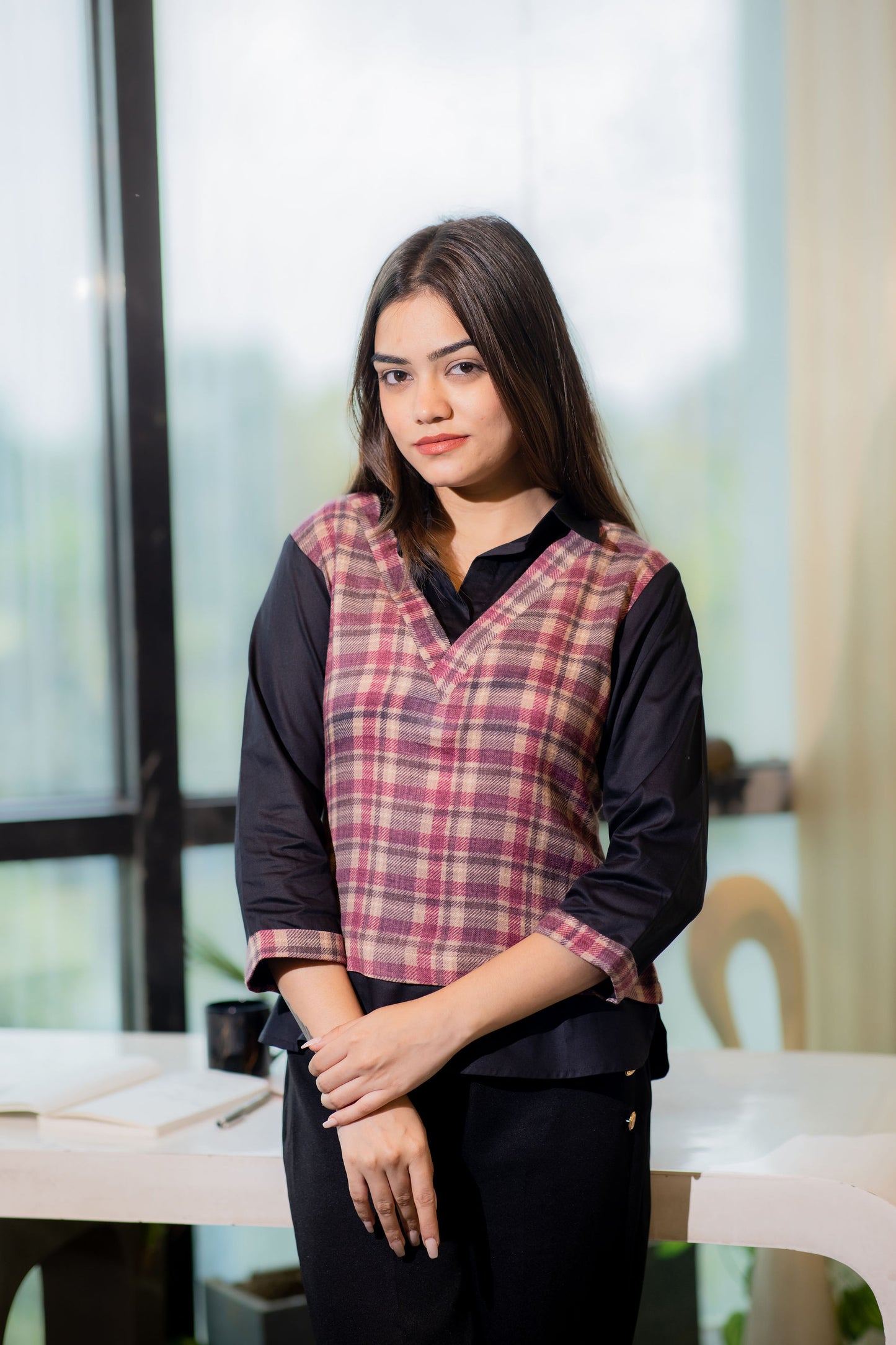 maroon check print shirt style top with quarter sleeves- esseneur.