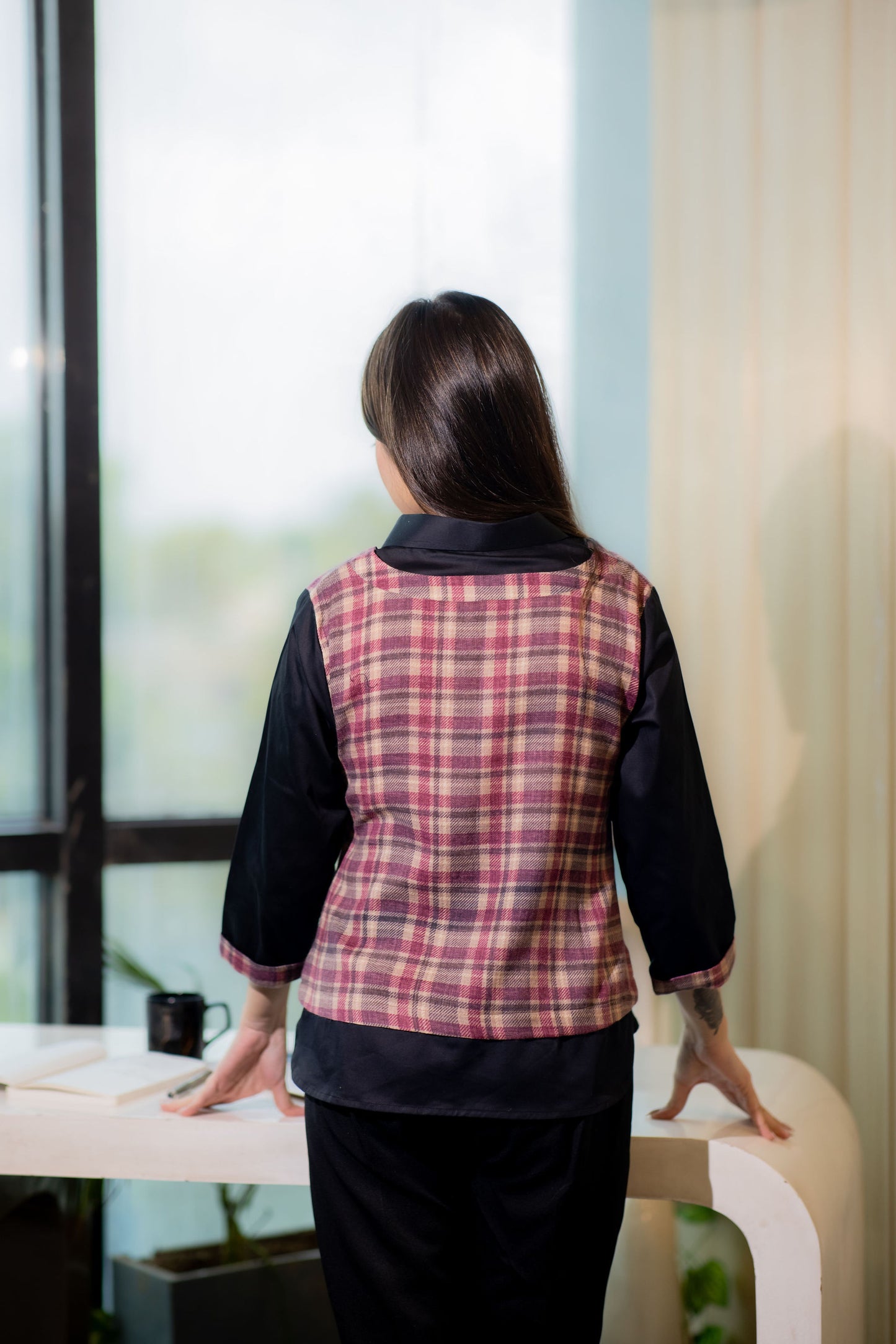 maroon check print shirt style top with quarter sleeves- esseneur.