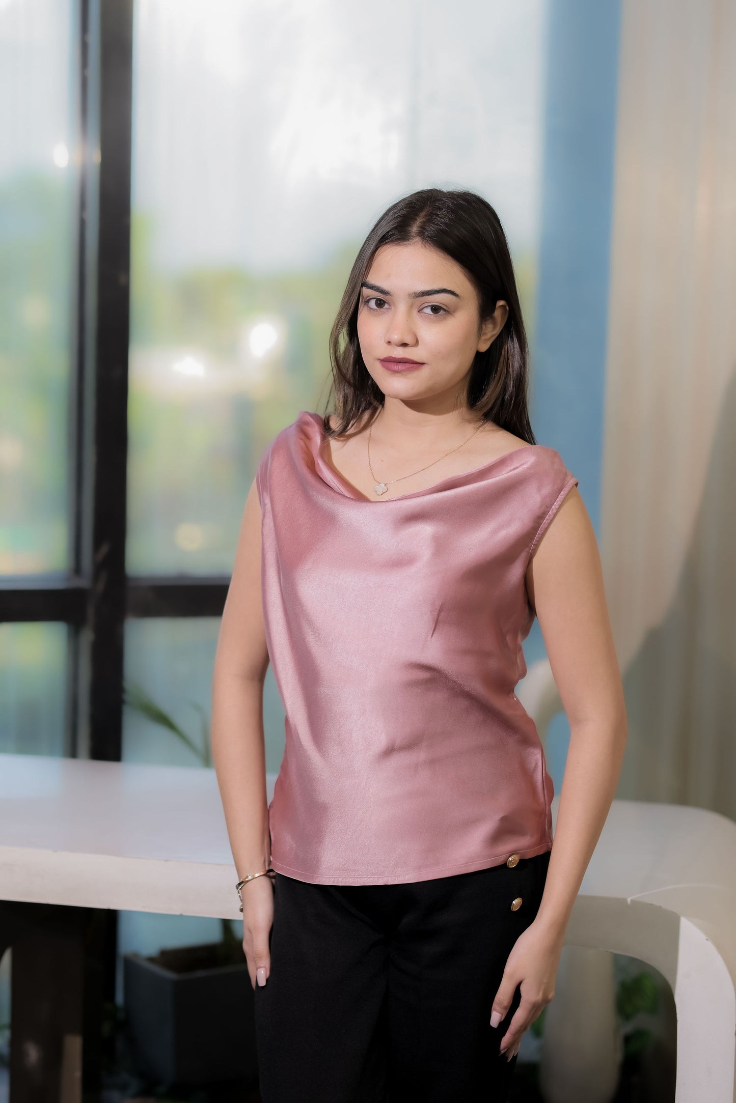 Mauve cowl neck sleevelss top- esseneur.