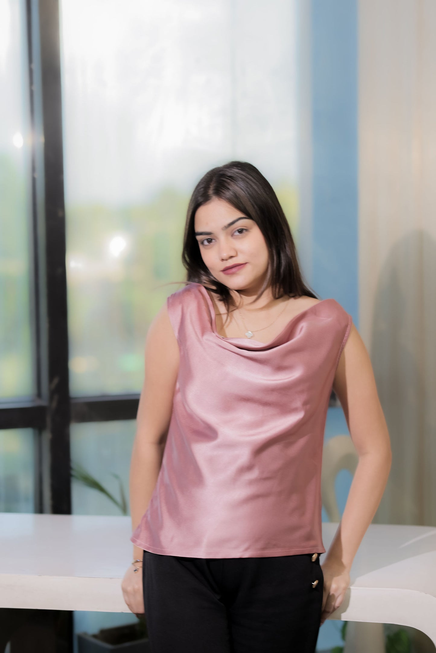 Mauve cowl neck sleevelss top- esseneur.