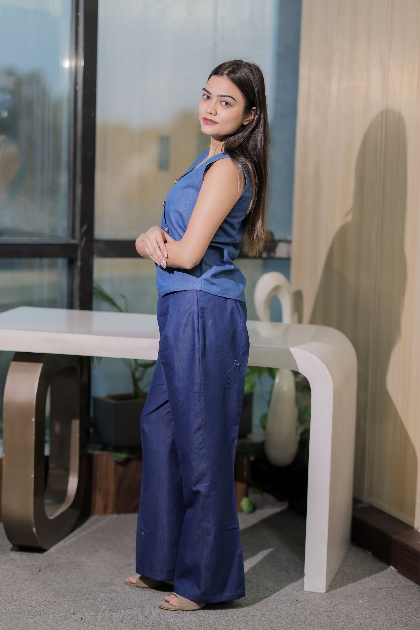 Mid blue denim co ord set with gold buttons on waistcoat and pants- esseneur.