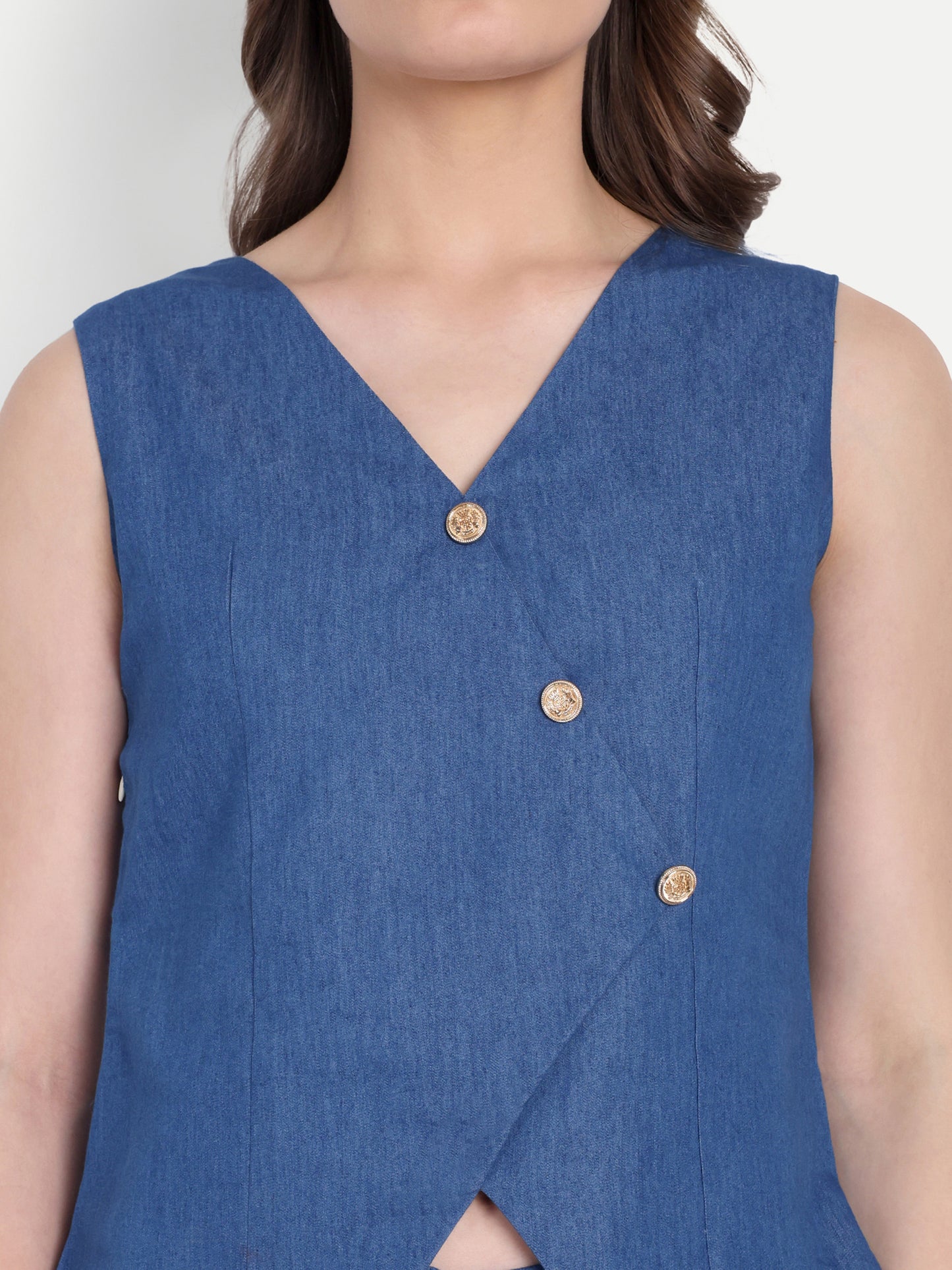 Mid blue denim co ord set with gold buttons on waistcoat and pants - esseneur.