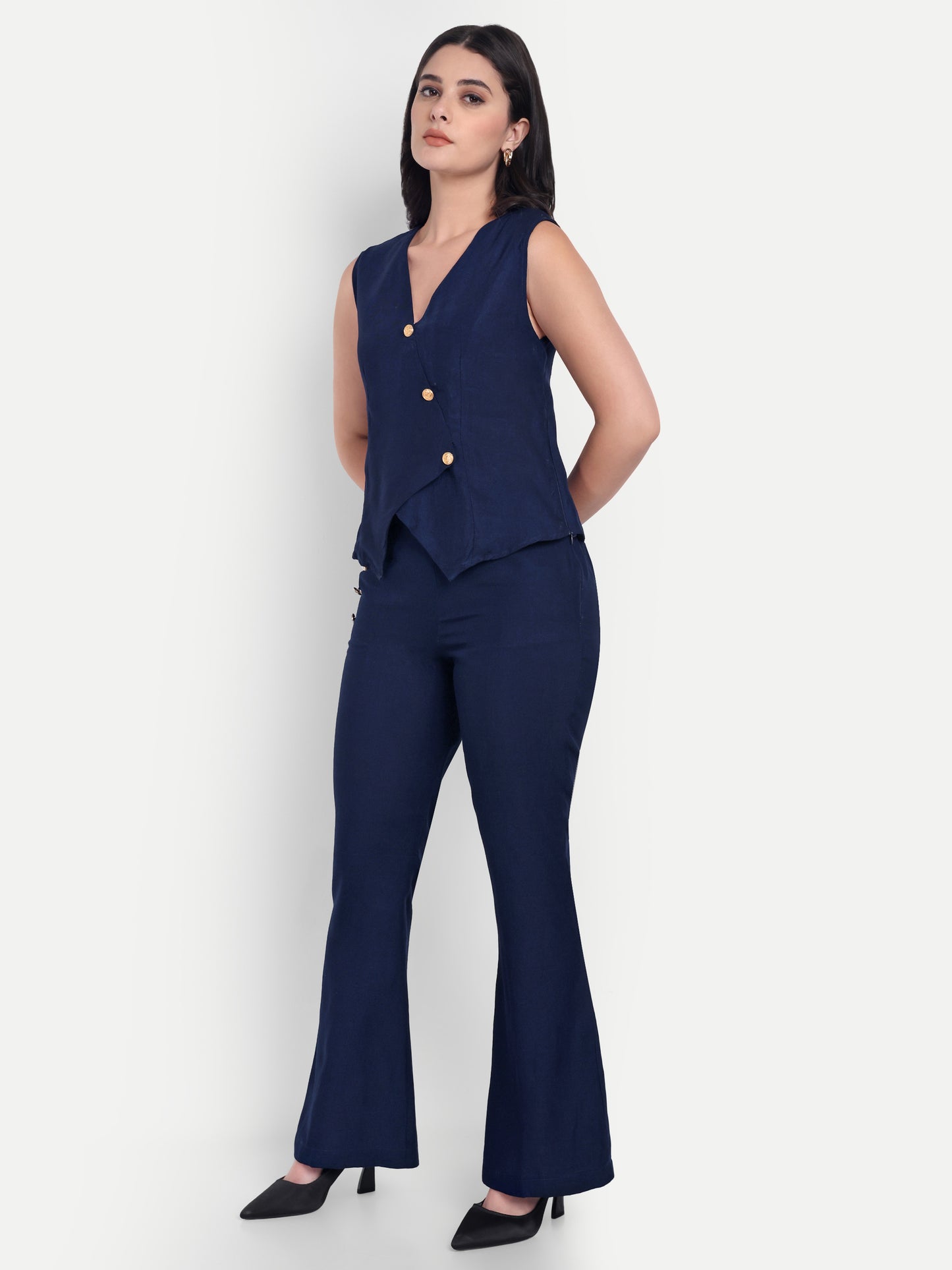 Navy co ord set with gold buttons-esseneur