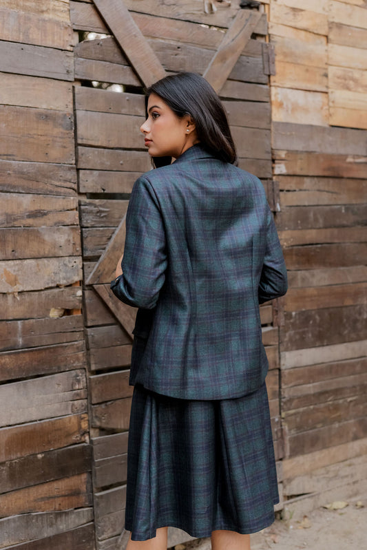 Green & Blue tweed fabric coat with gold buttons detailing & Skirt Co ord set EWCO0037-GRNSK