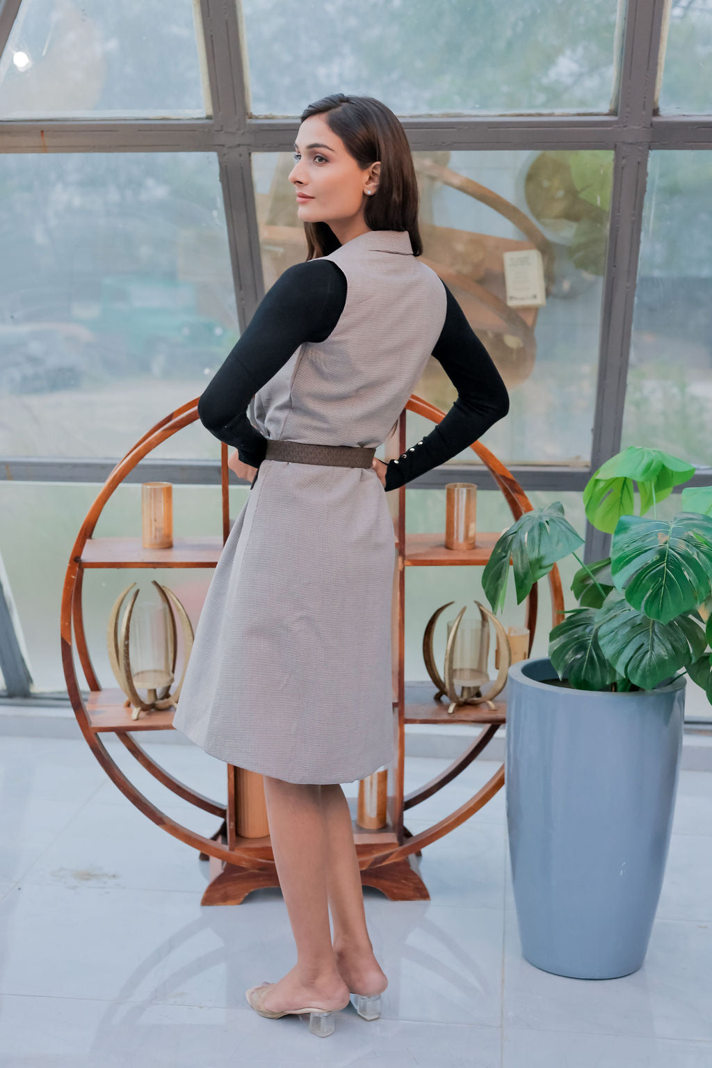 Brown Houndstooth wrap dress ESWDR0023-BRWBT (Belt and sweater not included)