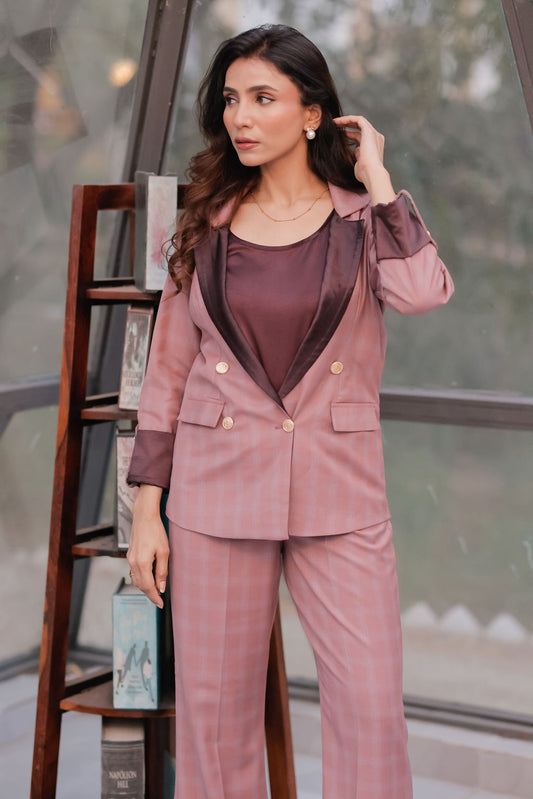 Peach crepe coat with Wine satin detailing and gold buttons & Pants Co ord set EWCO0036-PEAPT