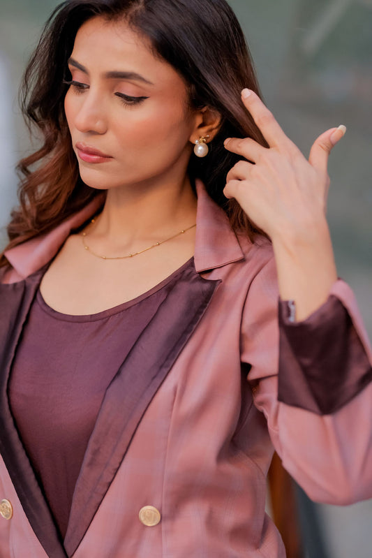 Mauve check coat with wine satin detailing with gold buttons EWCT0014-MAUGB