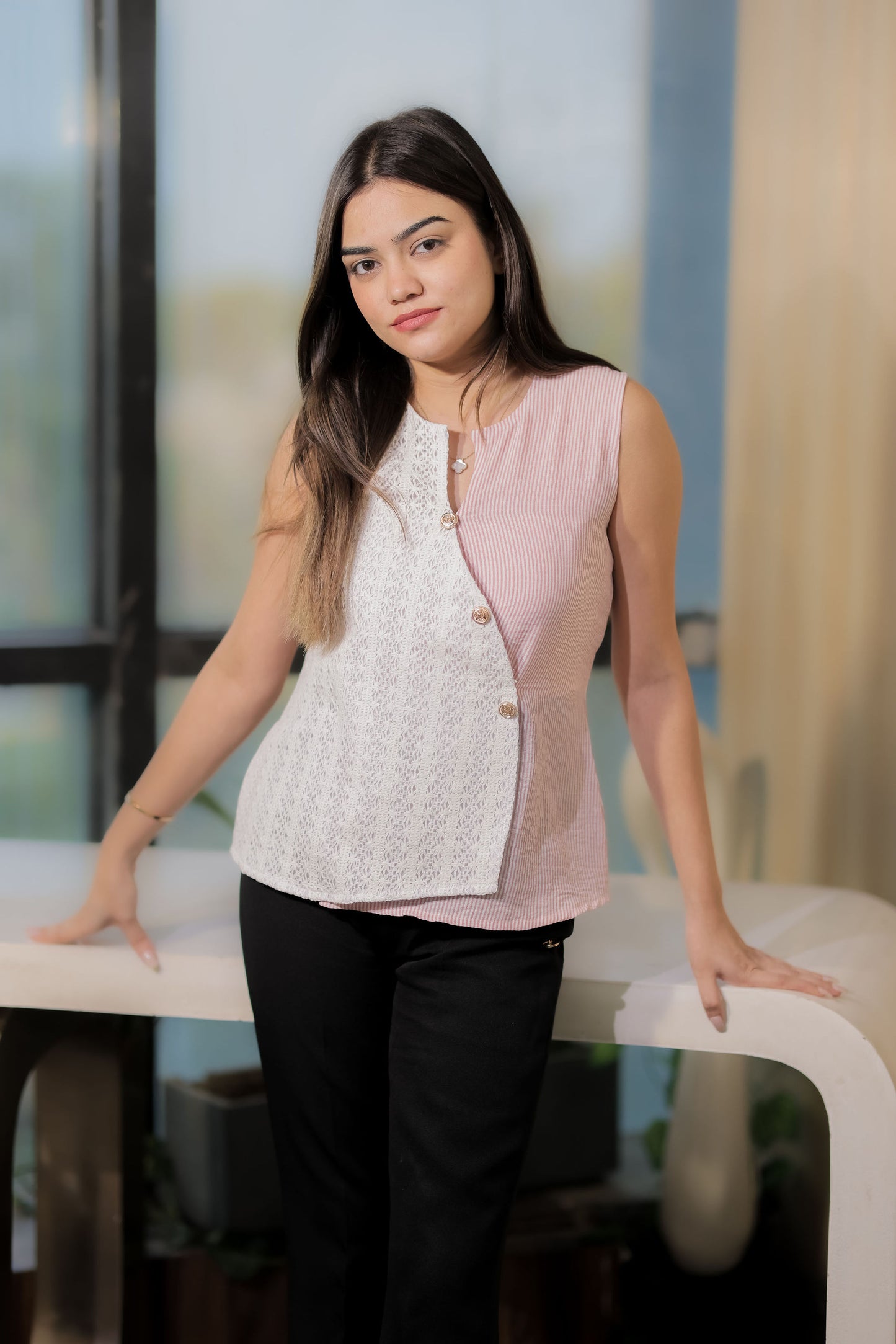Pink striped sleeveless flap top with crotia - esseneur.