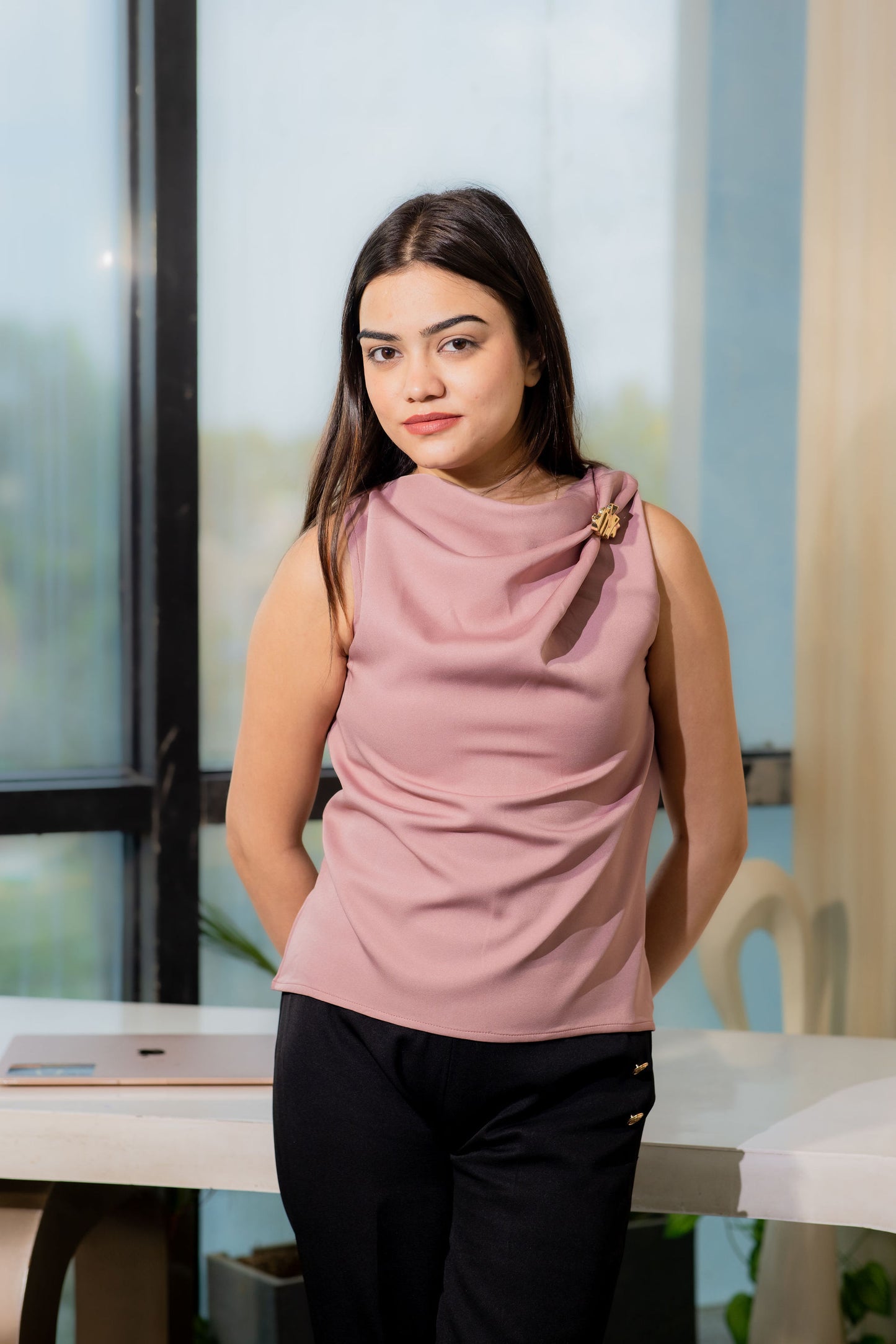 peach cowl neck top with gold applique- esseneur.
