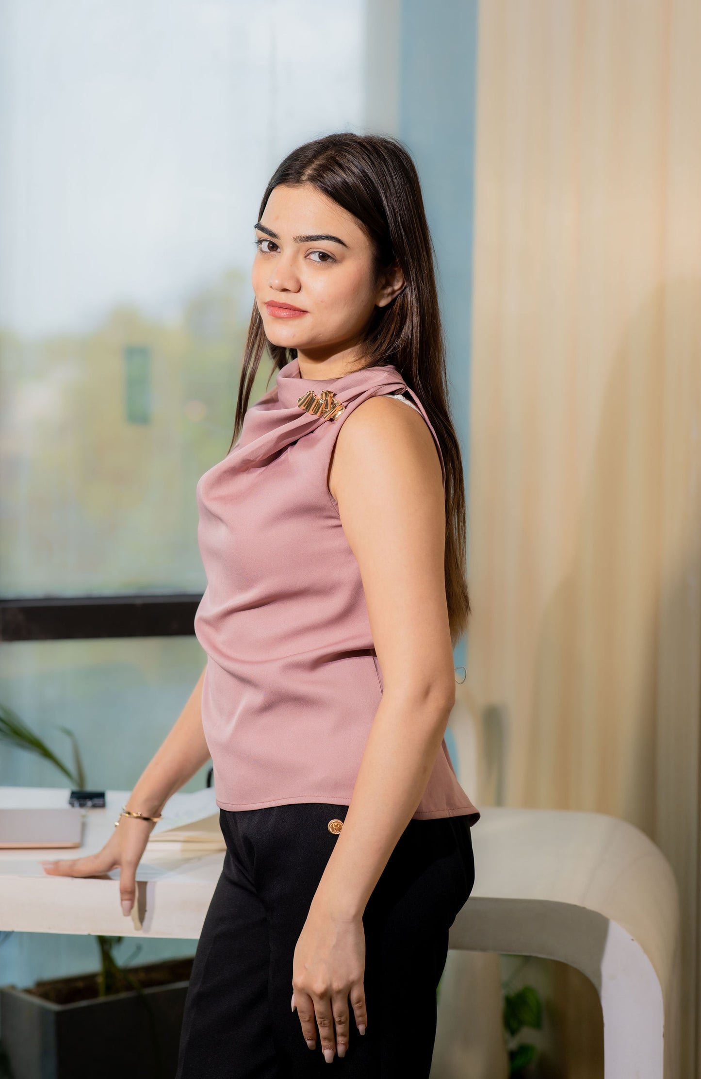 peach cowl neck top with gold applique- esseneur.