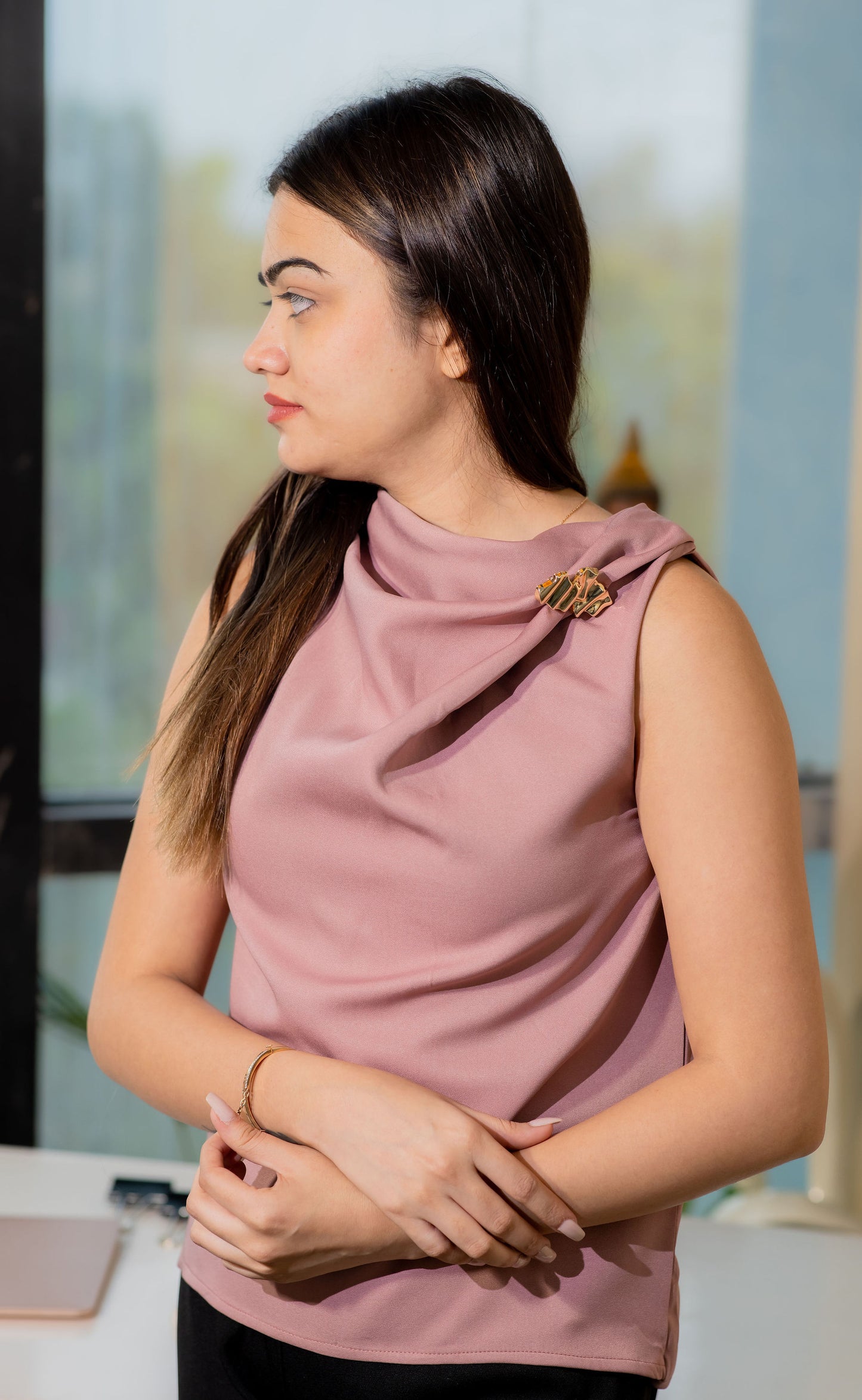 peach cowl neck top with gold applique- esseneur.