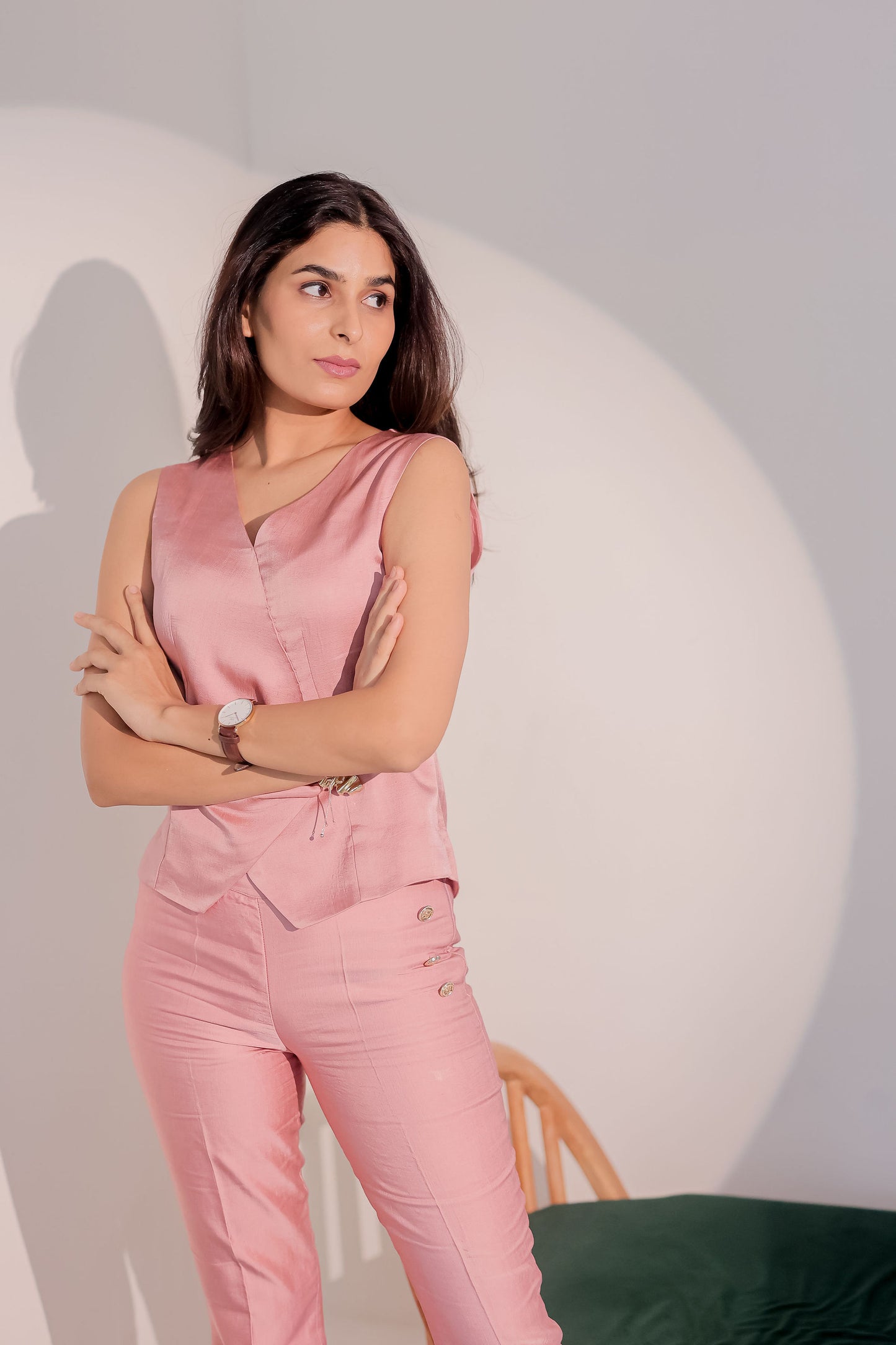 Peach linen co ord set with gold applique-Esseneur