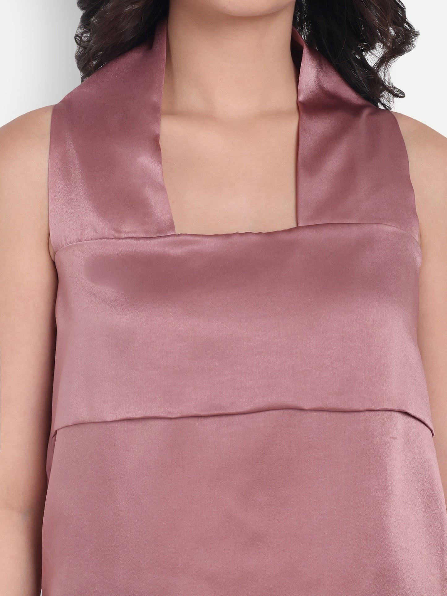 Peach boxy satin sleeveless halter neck top- esseneur.