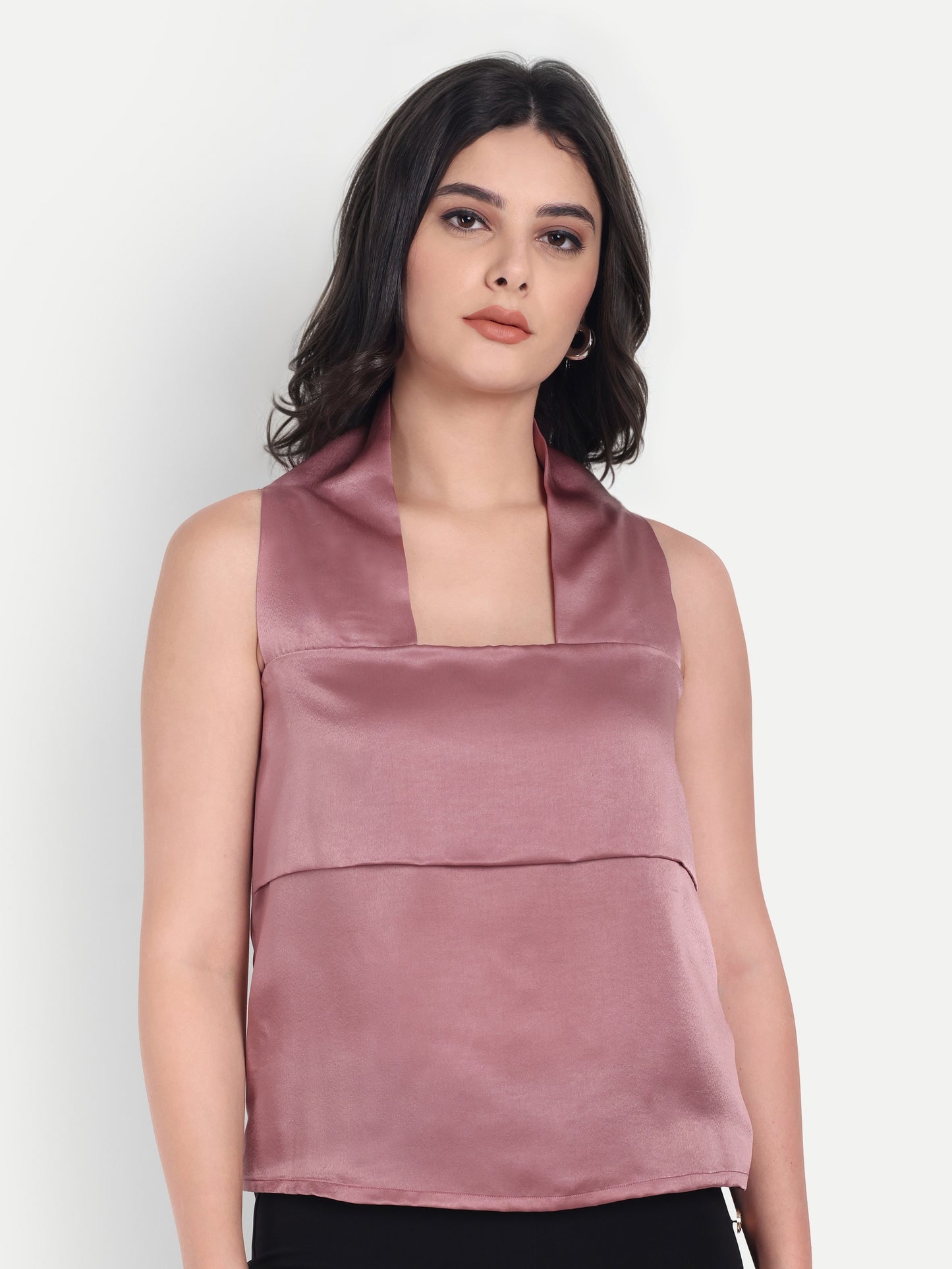 Peach boxy satin sleeveless halter neck top- esseneur.