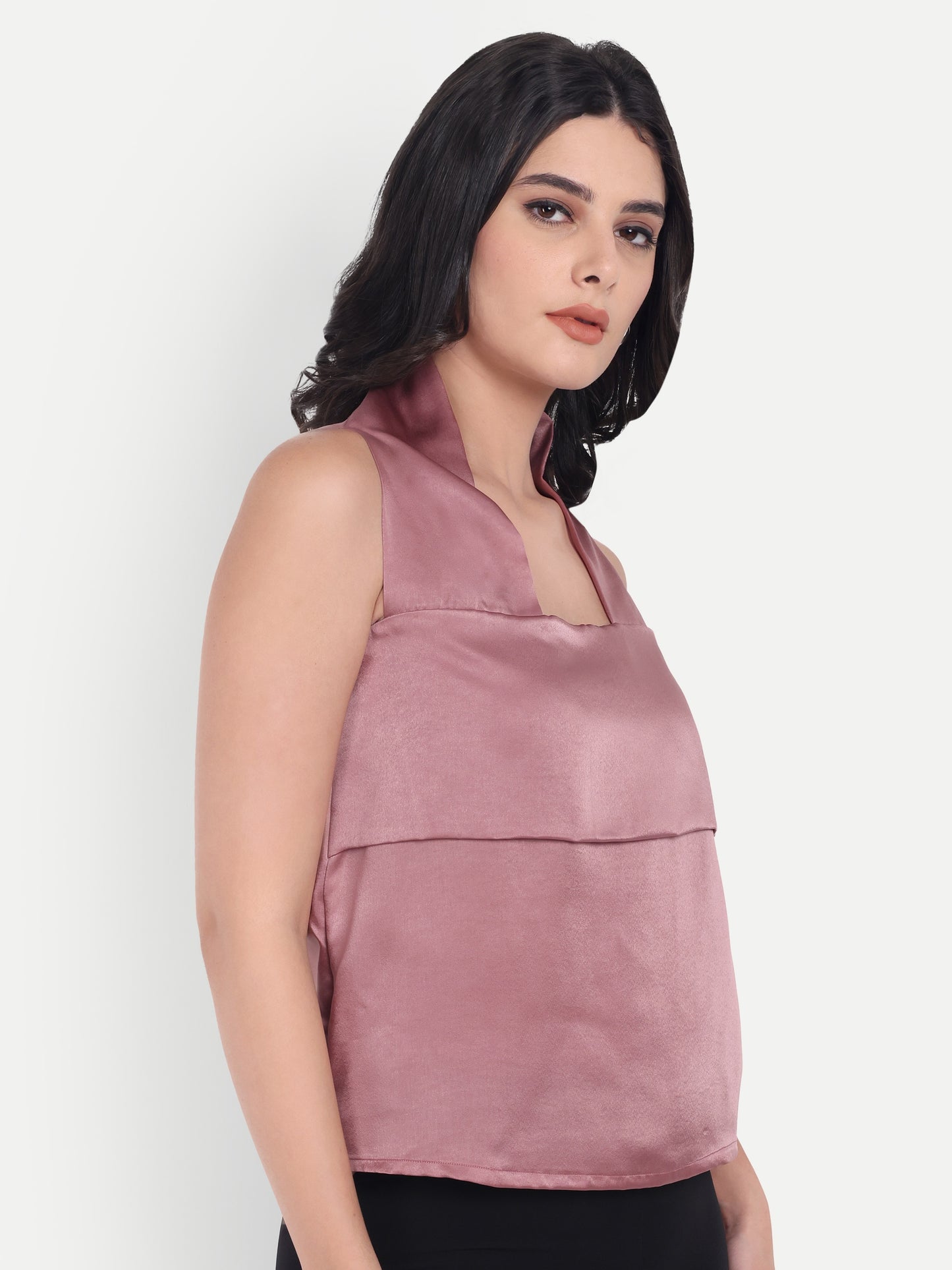 Peach boxy satin sleeveless halter neck top- esseneur.