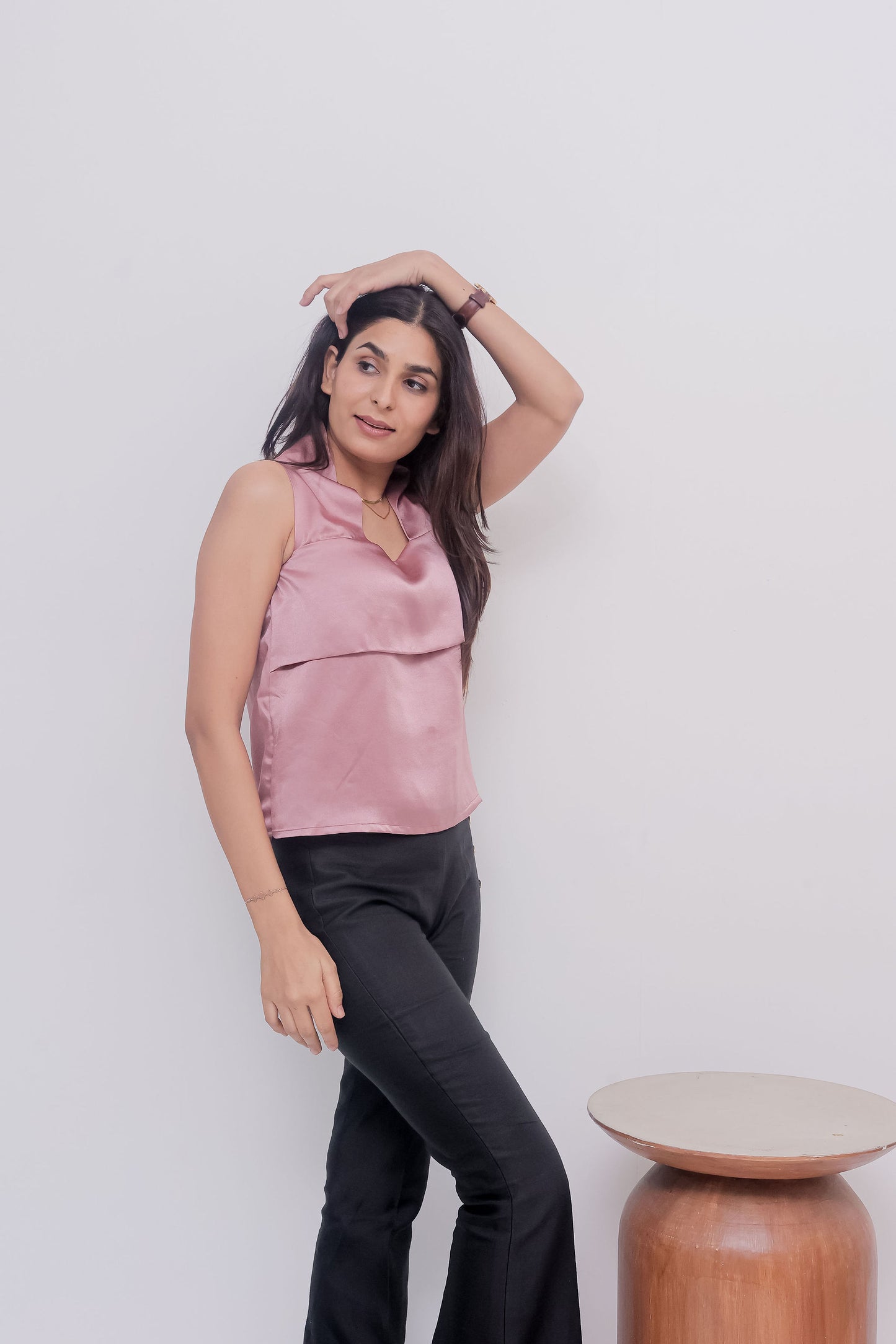 Peach boxy satin sleeveless halter neck top- esseneur.
