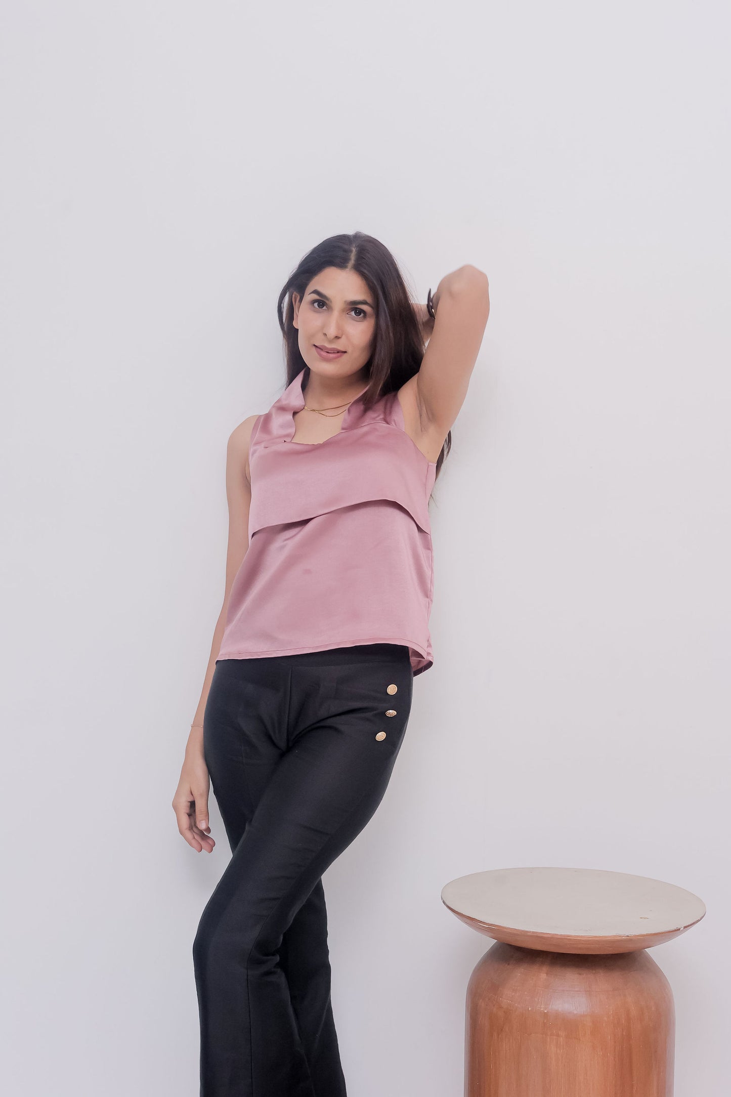 Peach boxy satin sleeveless halter neck top- esseneur.