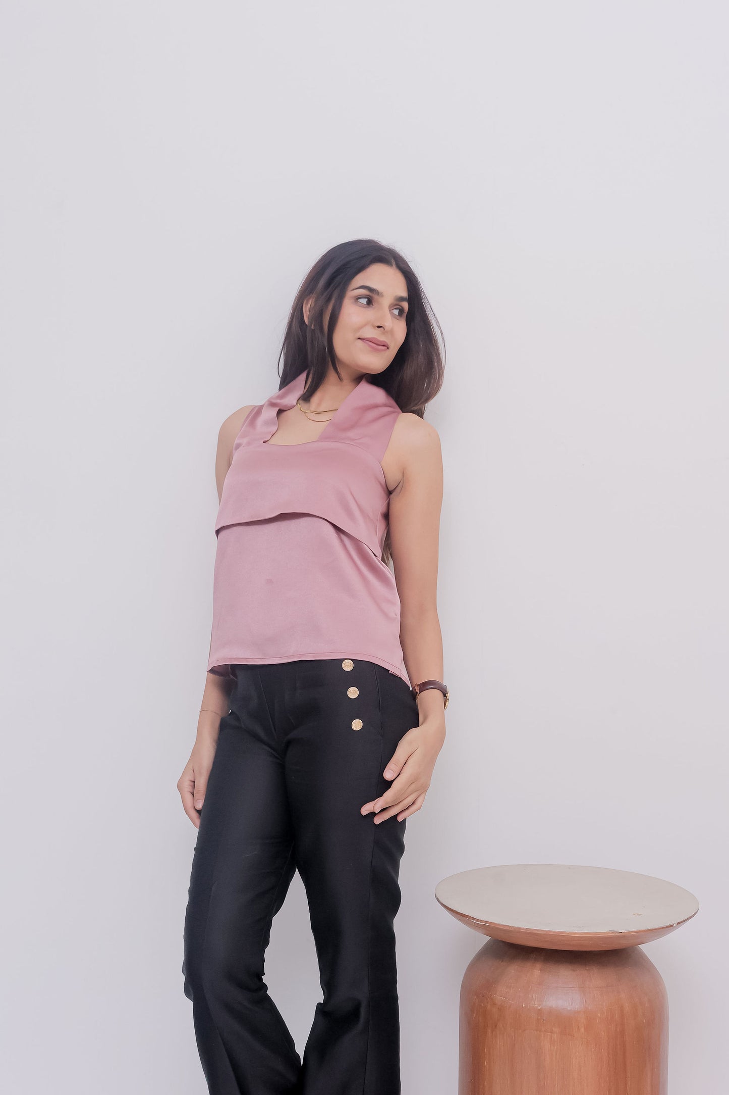Peach boxy satin sleeveless halter neck top- esseneur.