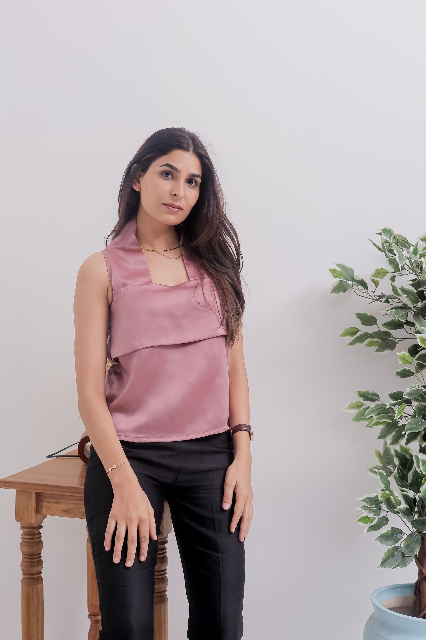 Peach boxy satin sleeveless halter neck top- esseneur.