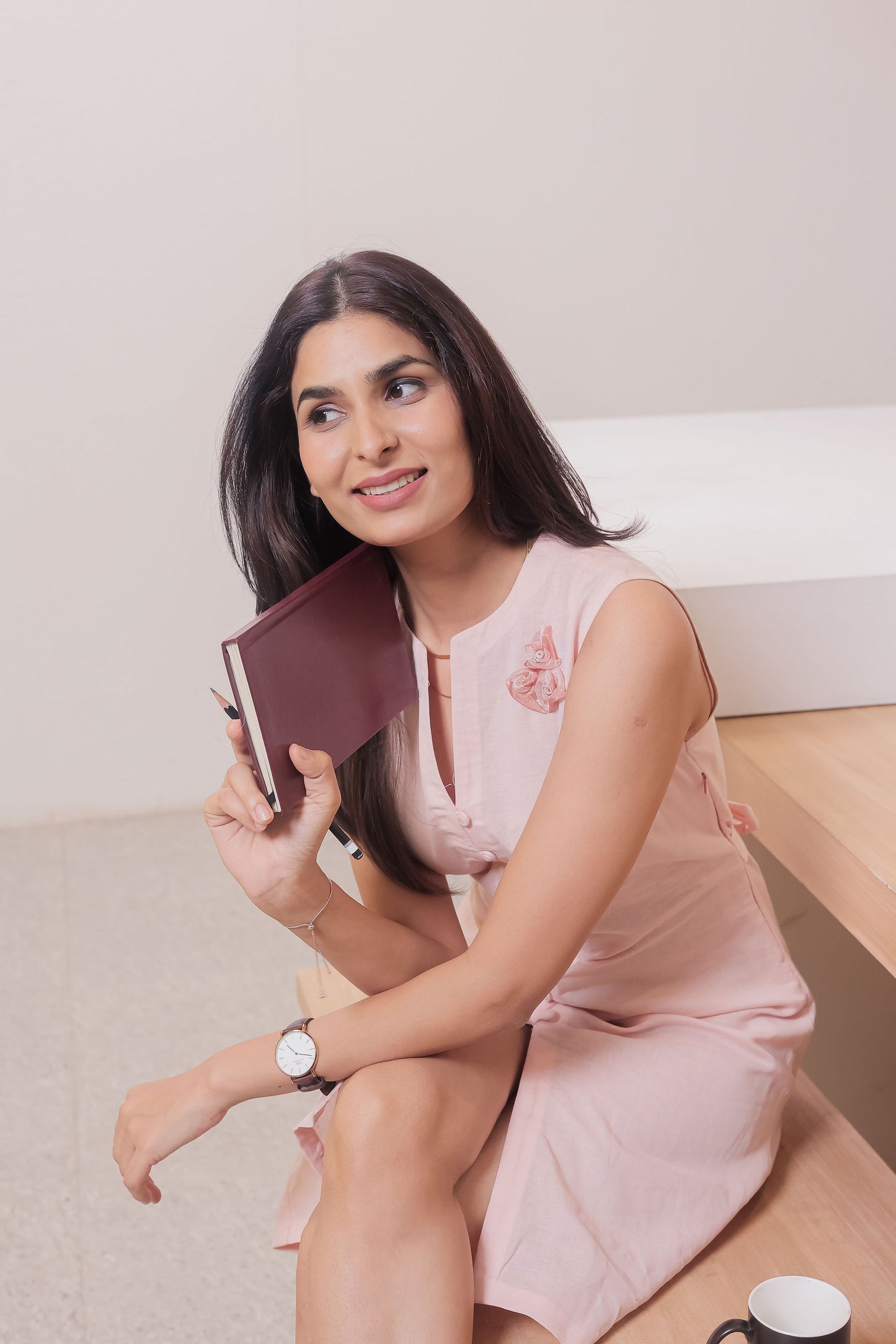Peach linen dress with flower detailing-Esseneur
