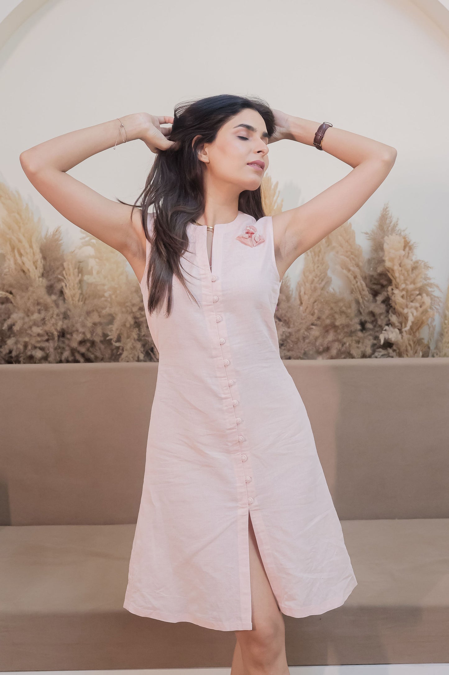 Peach linen dress with flower detailing-Esseneur