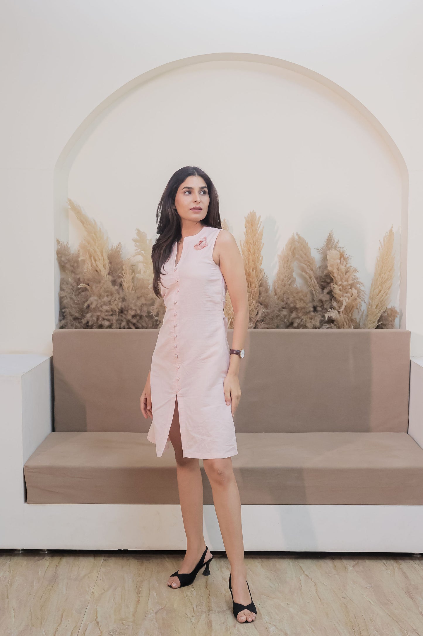 Peach linen dress with flower detailing-Esseneur