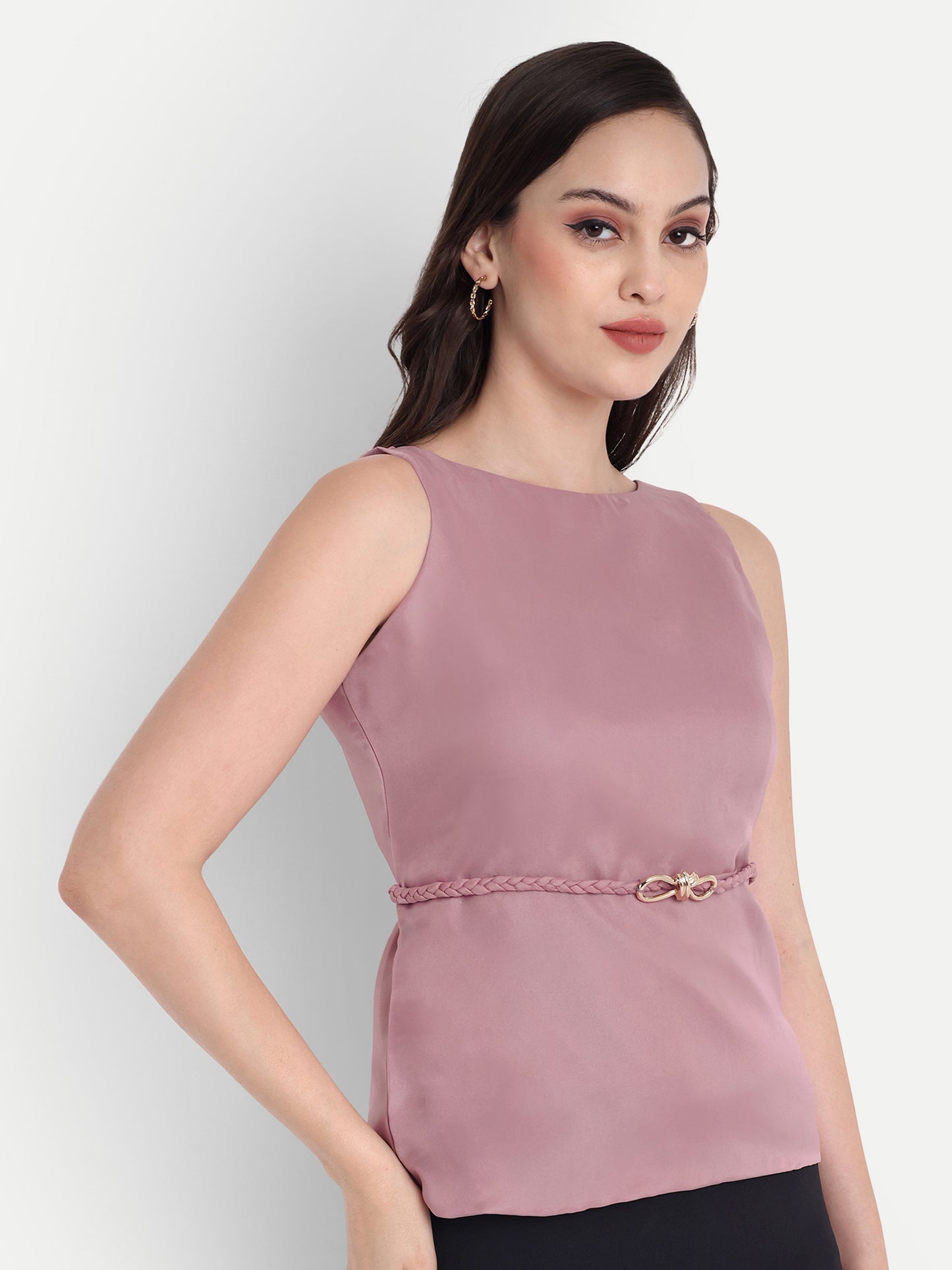 Pink organza top with knotted belt EWTP0011-PNKBL
