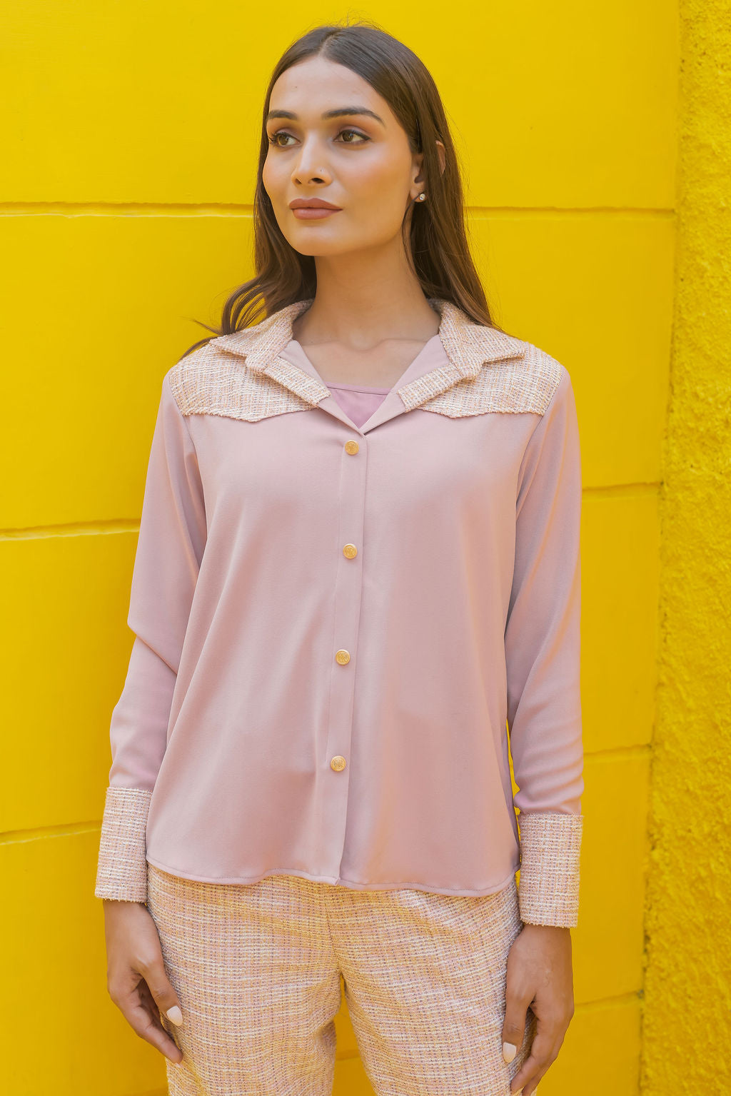 Peach tweed shirt with pants with gold buttons Co Ord Set ESWSH0023-PEAGB