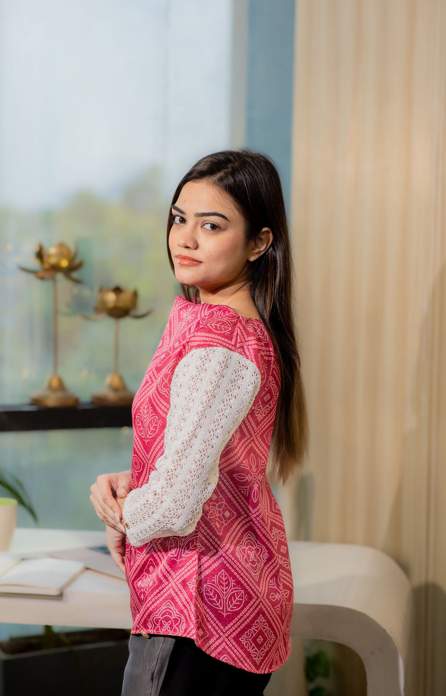 Pink Jaipuri top with white crotia sleeves and gold buttons-Esseneur