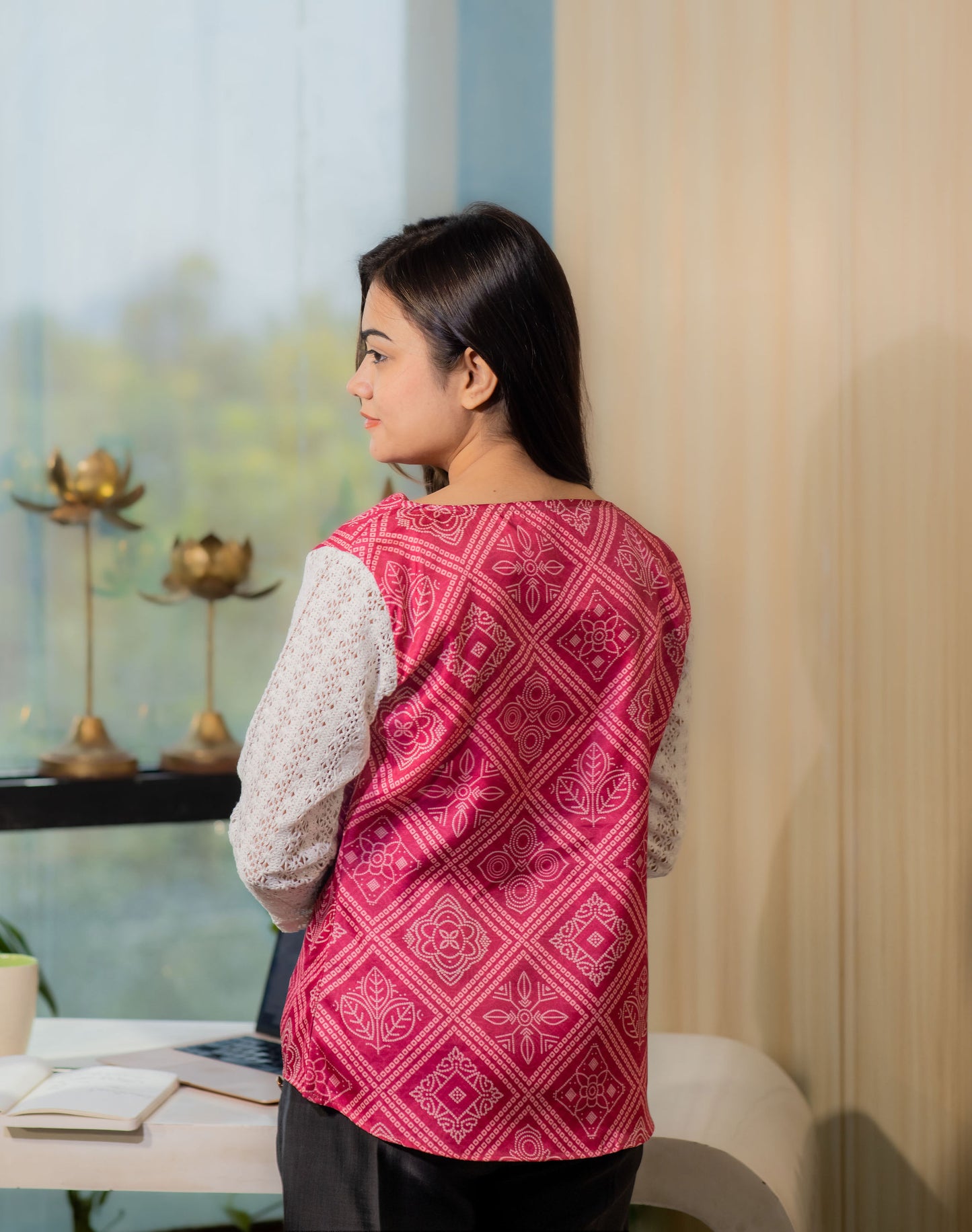 Pink Jaipuri top with white crotia sleeves and gold buttons-Esseneur