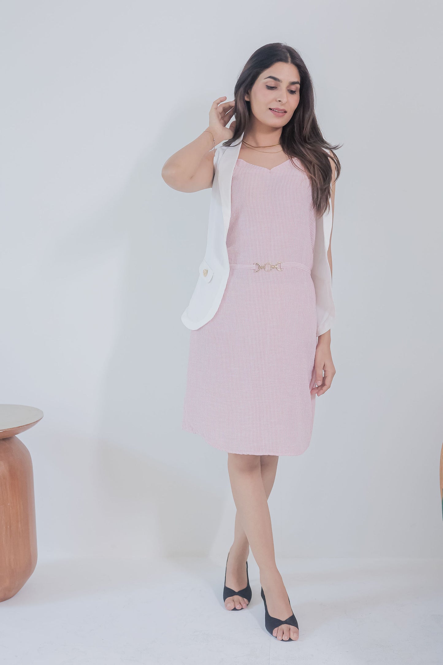 Pink stripe dress with white crepe jacket-Esseneur