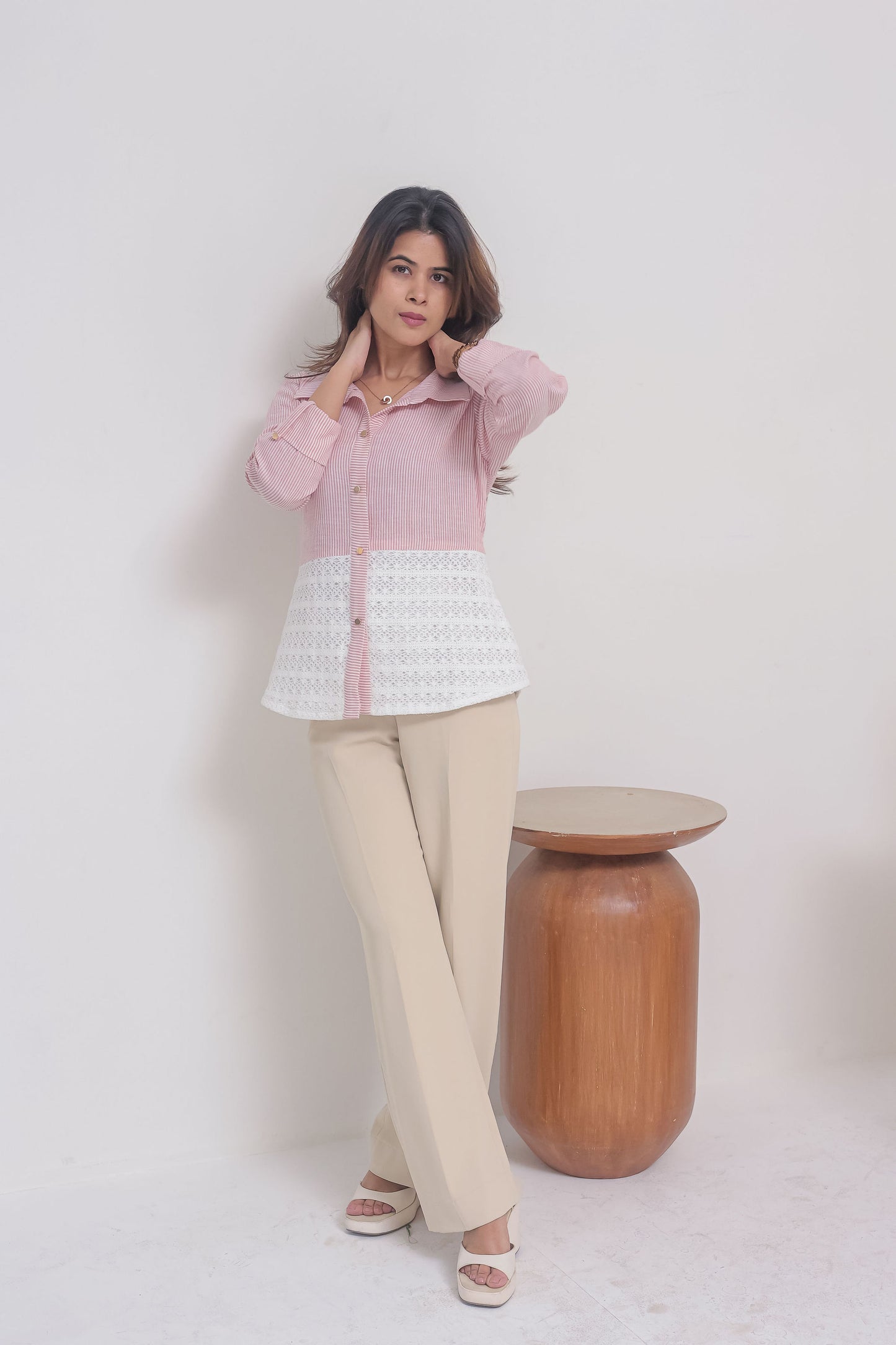 pink striped and crochet shirt with gold buttons-Esseneur
