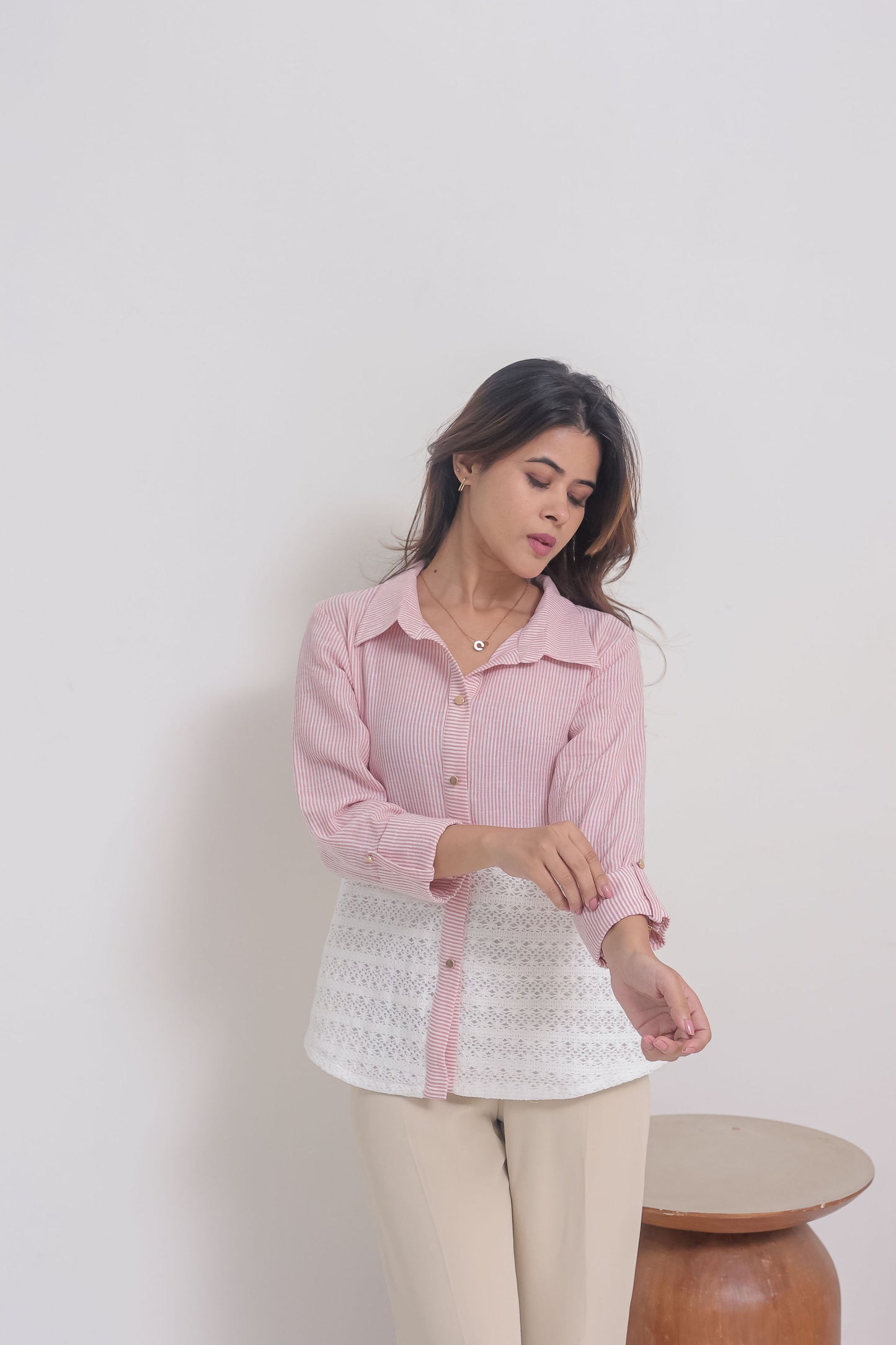 pink striped and crochet shirt with gold buttons-Esseneur