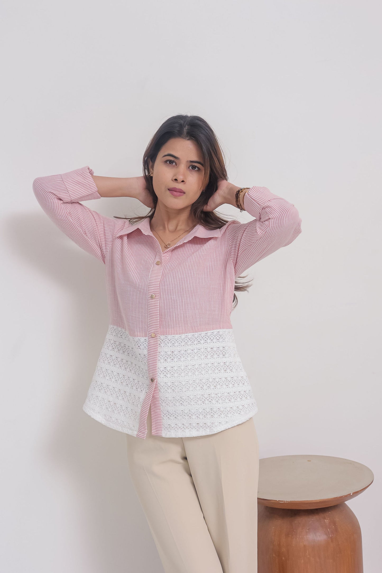 pink striped and crochet shirt with gold buttons-Esseneur