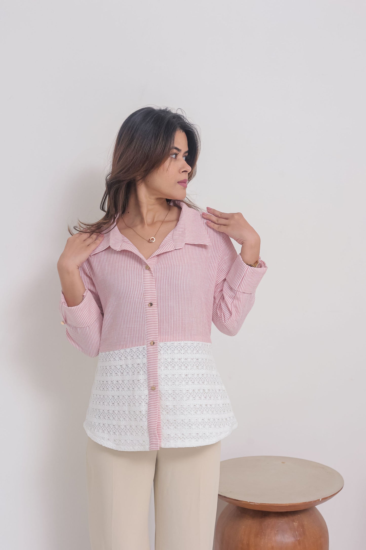pink striped and crochet shirt with gold buttons-Esseneur