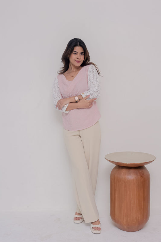 Pink stripe top with crotia sleeves and cowl neck - esseneur.