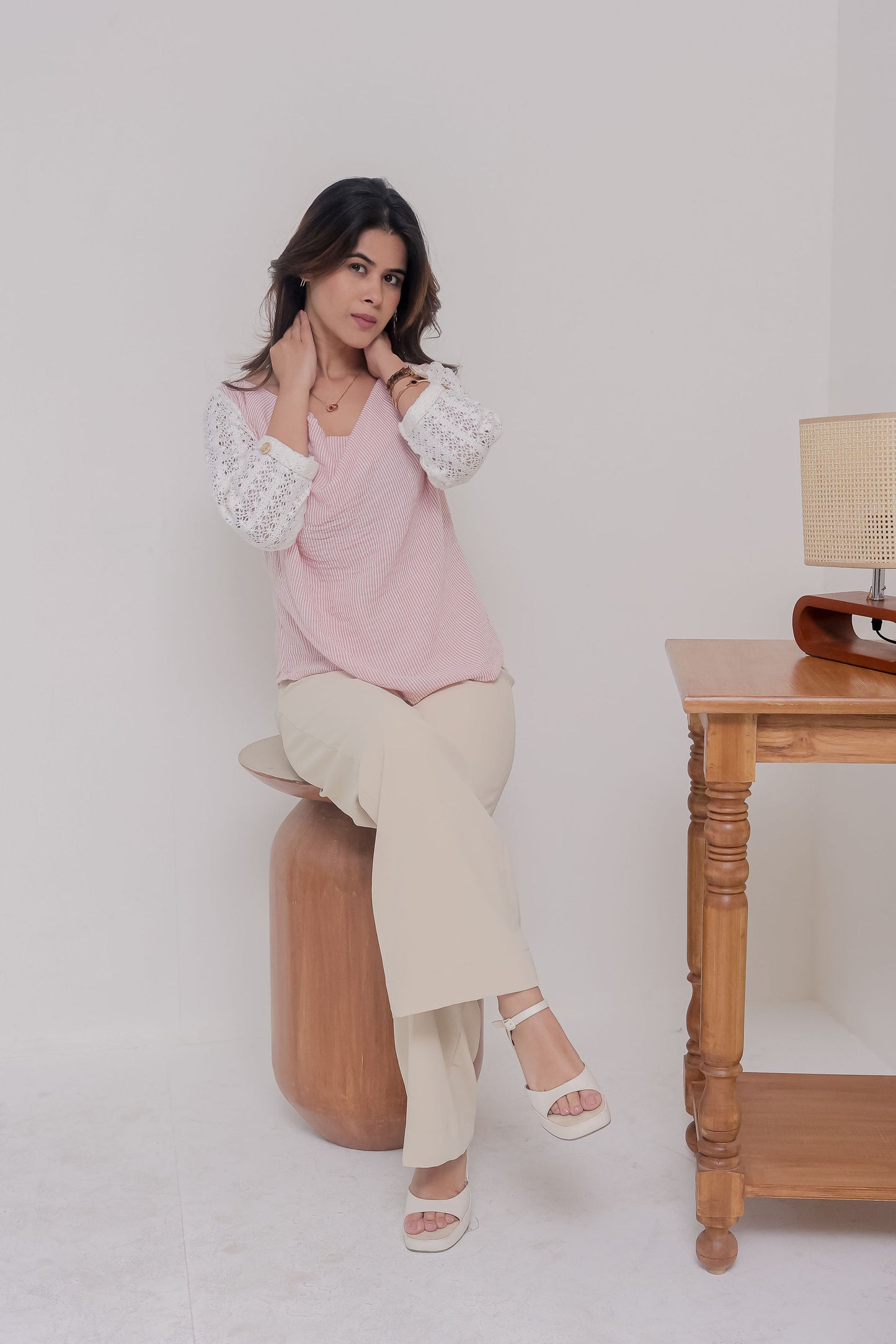 Pink stripe top with crotia sleeves and cowl neck - esseneur.
