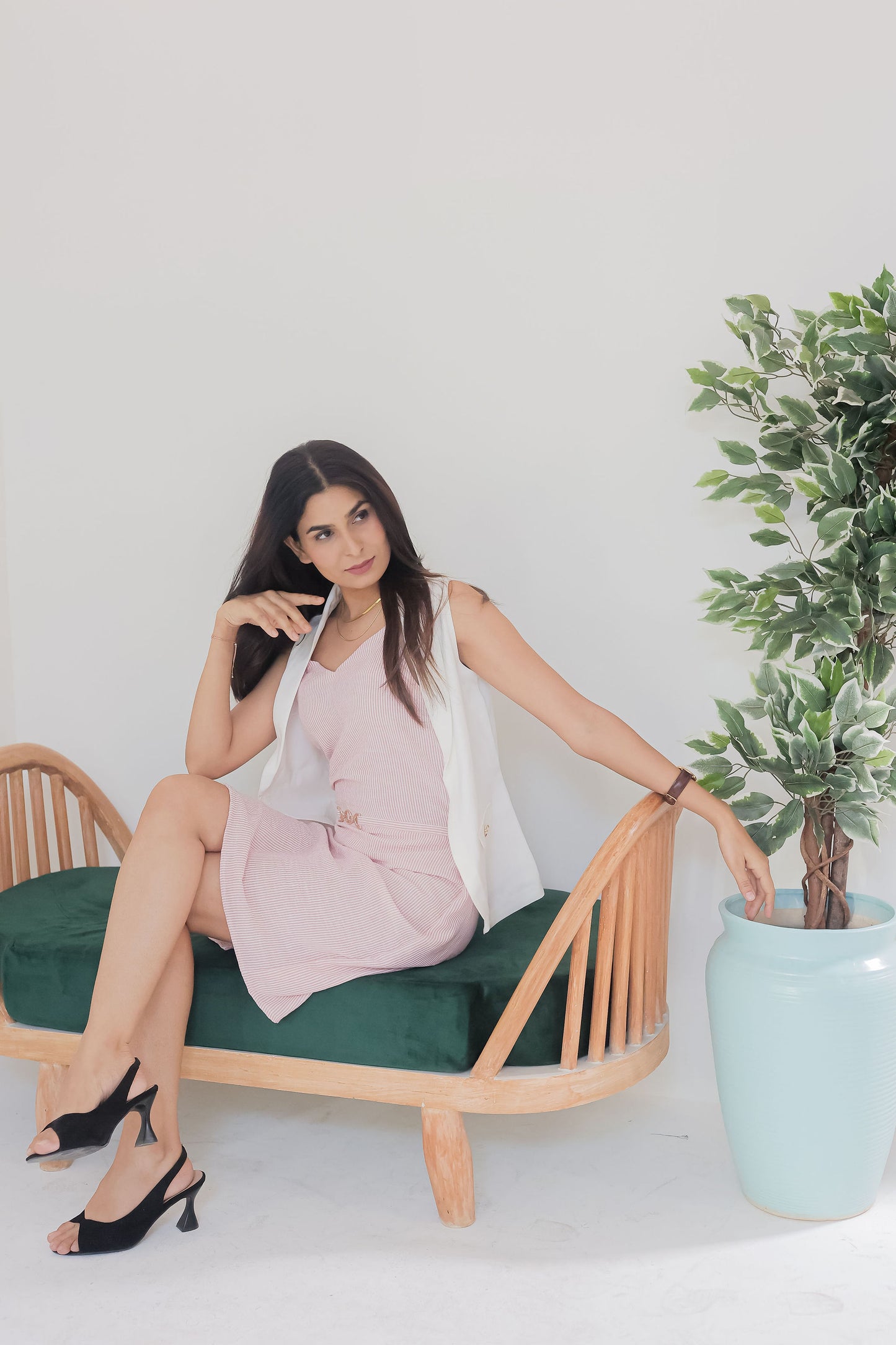 Pink stripe dress with white crepe jacket-Esseneur