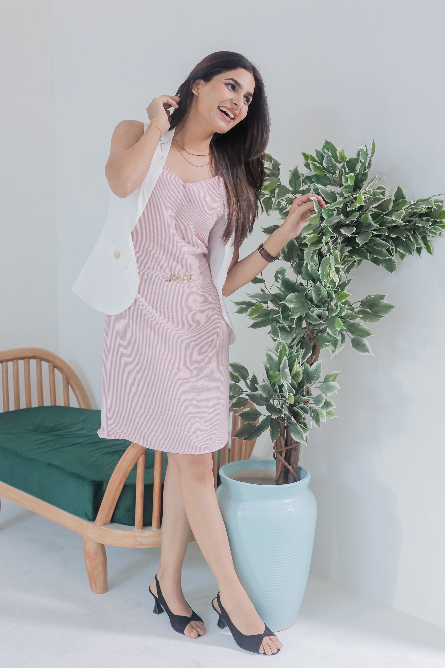 Pink stripe dress with white crepe jacket-Esseneur