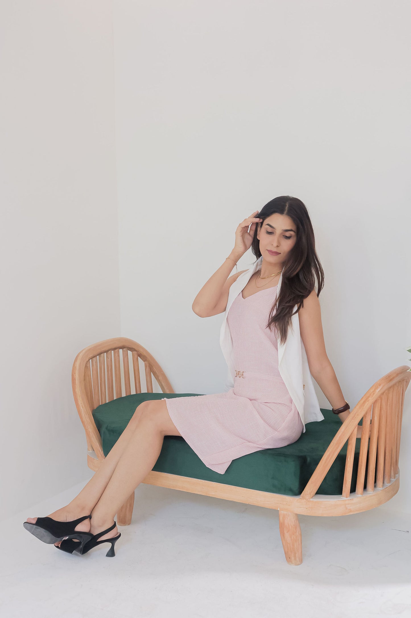 Pink stripe dress with white crepe jacket-Esseneur