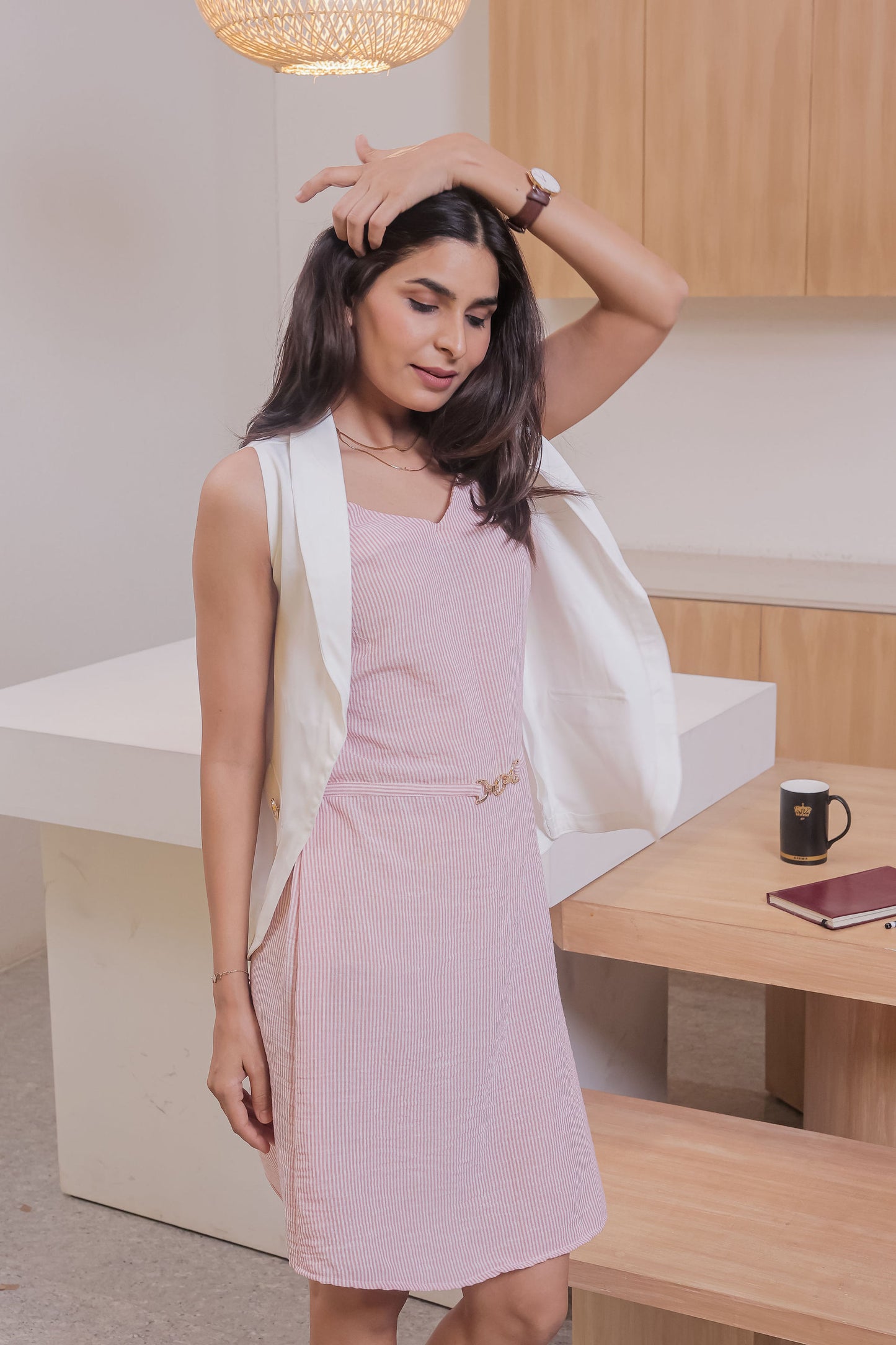 Pink stripe dress with white crepe jacket-Esseneur