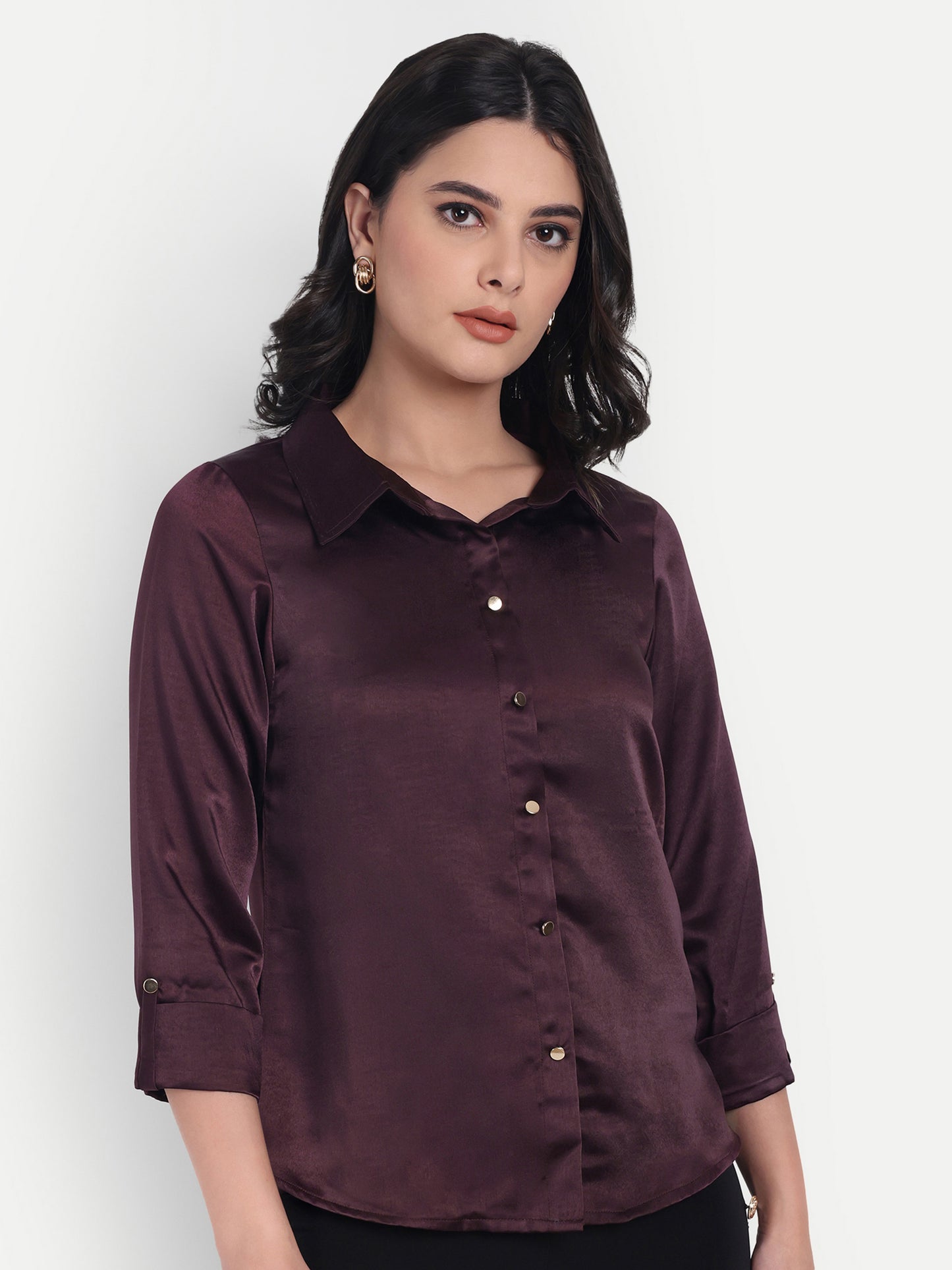 Purple satin shirt with plain gold buttons-esseneur