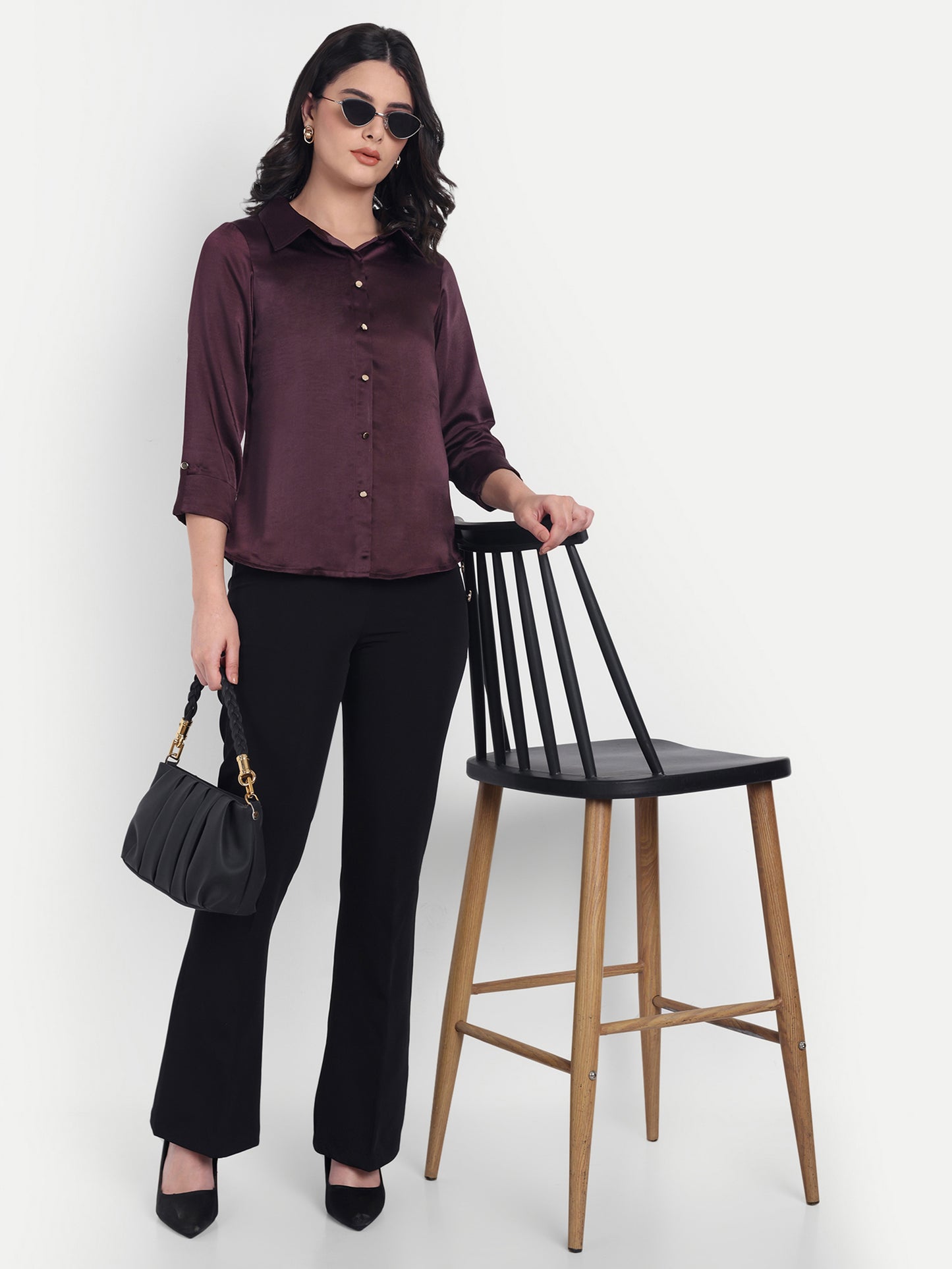 Purple satin shirt with plain gold buttons-esseneur