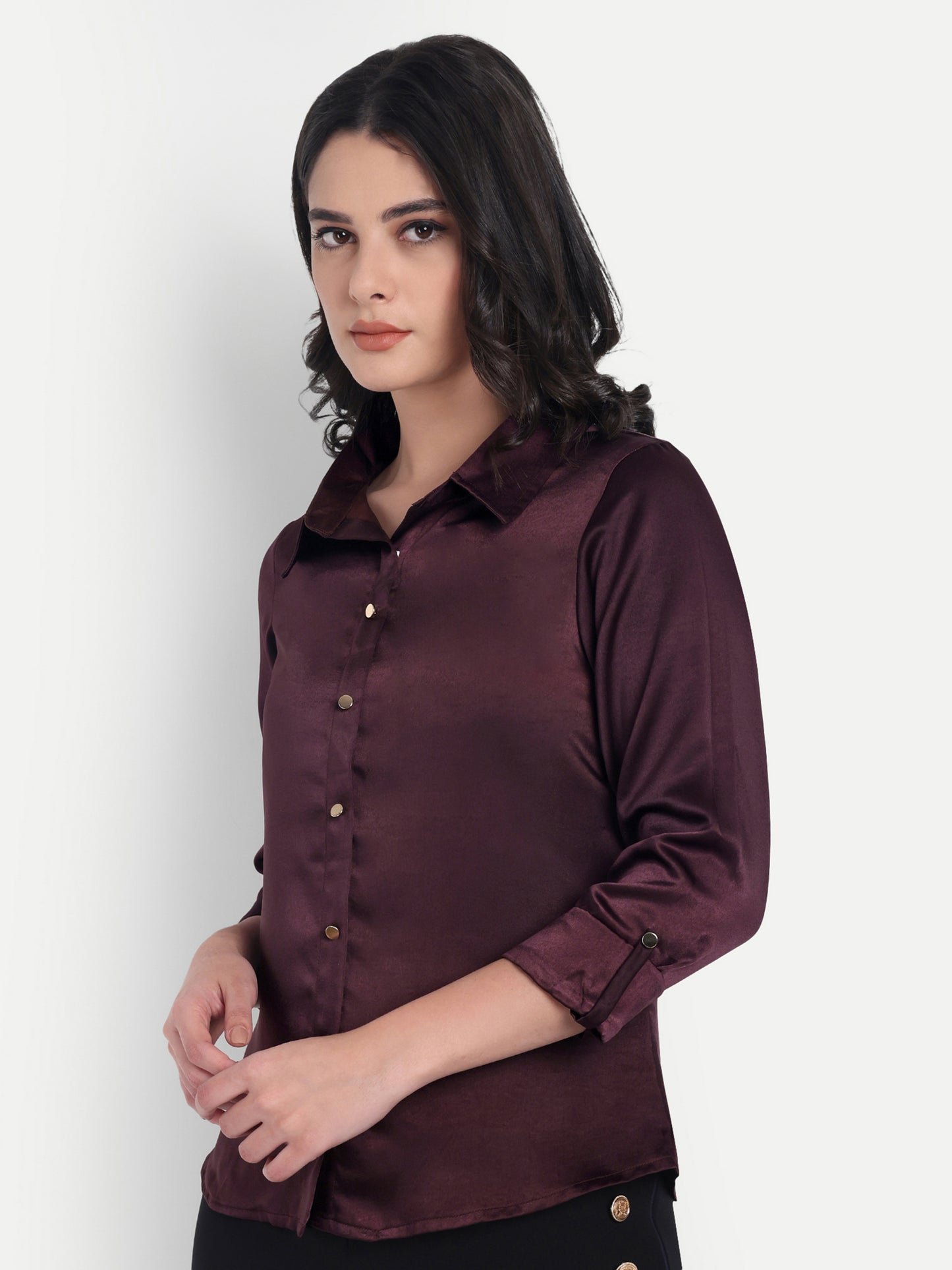 Purple satin shirt with plain gold buttons-esseneur