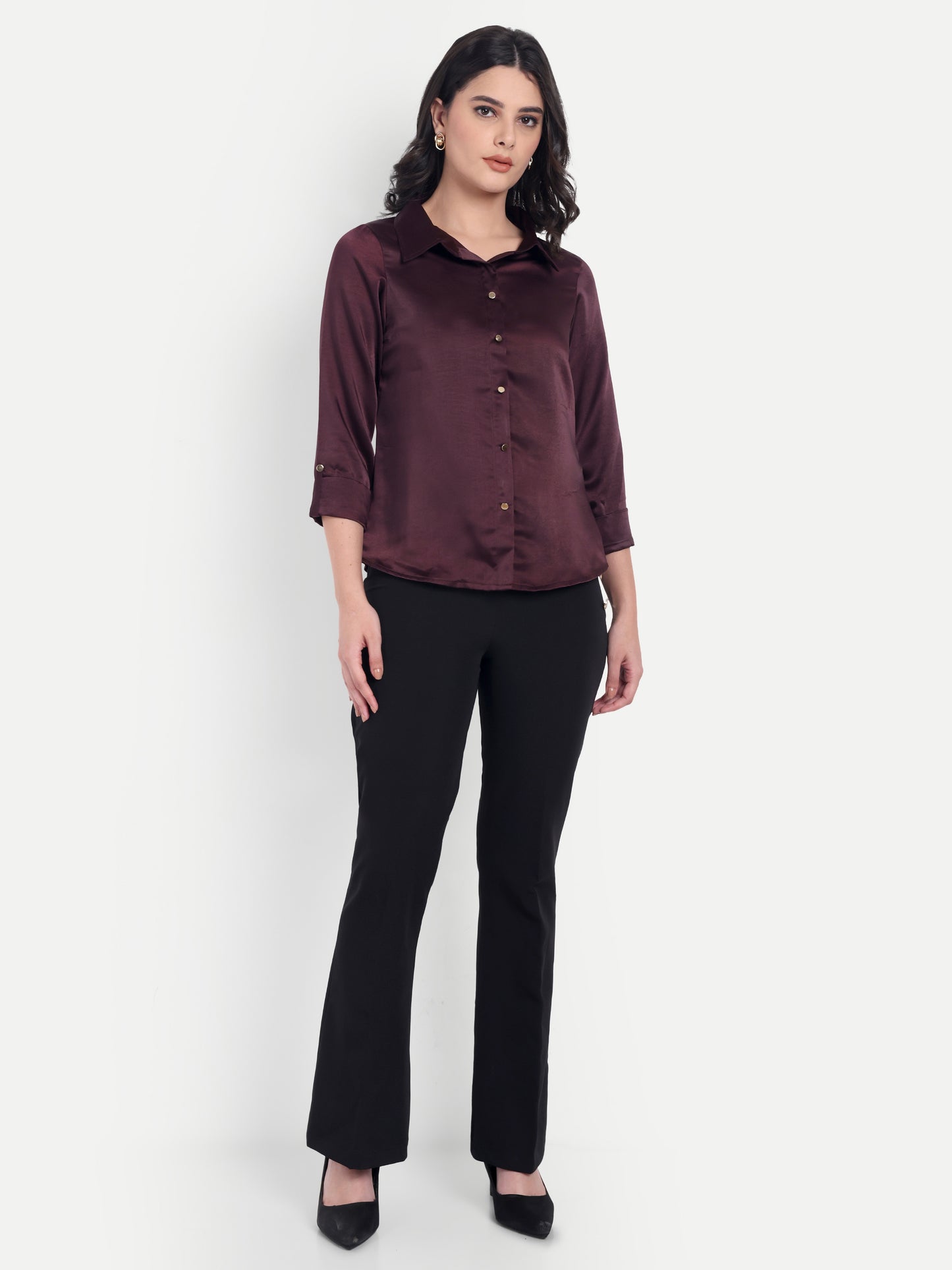 Purple satin shirt with plain gold buttons-esseneur