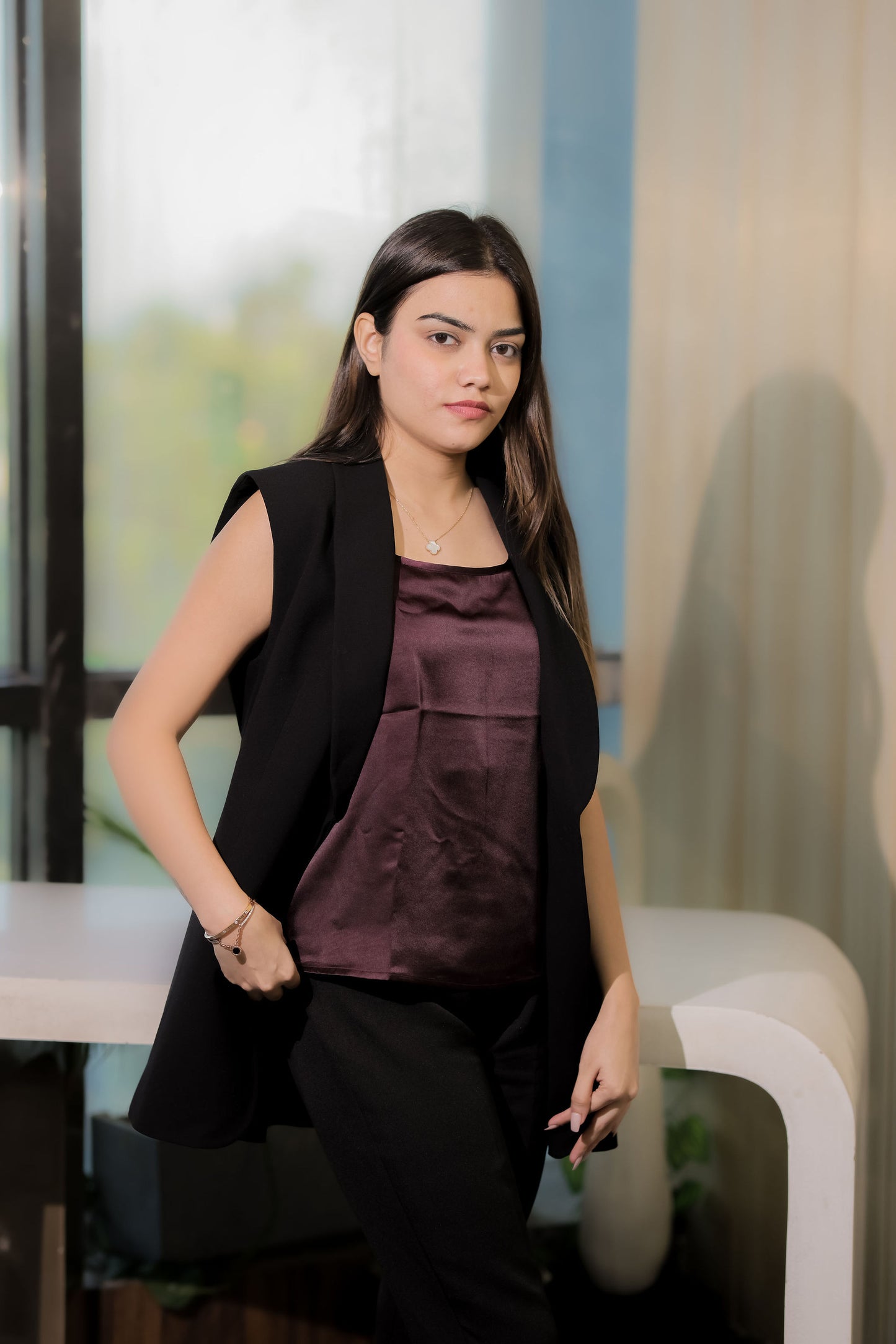 purple satin inner with circle neck top- esseneur.