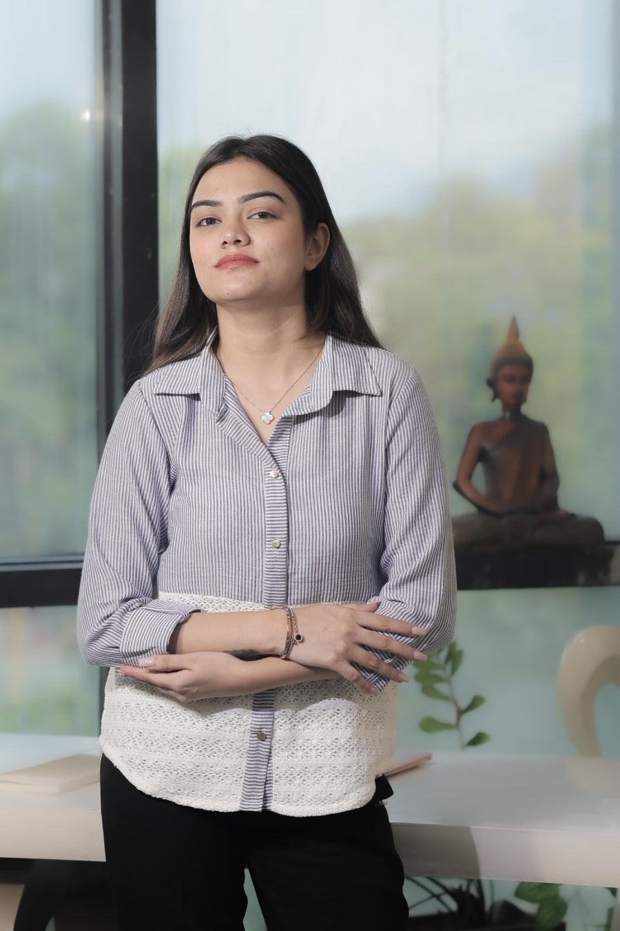 Light blue stripe shirt with crotia fabric-Esseneur