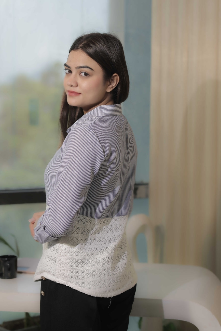 Light blue stripe shirt with crotia fabric-Esseneur